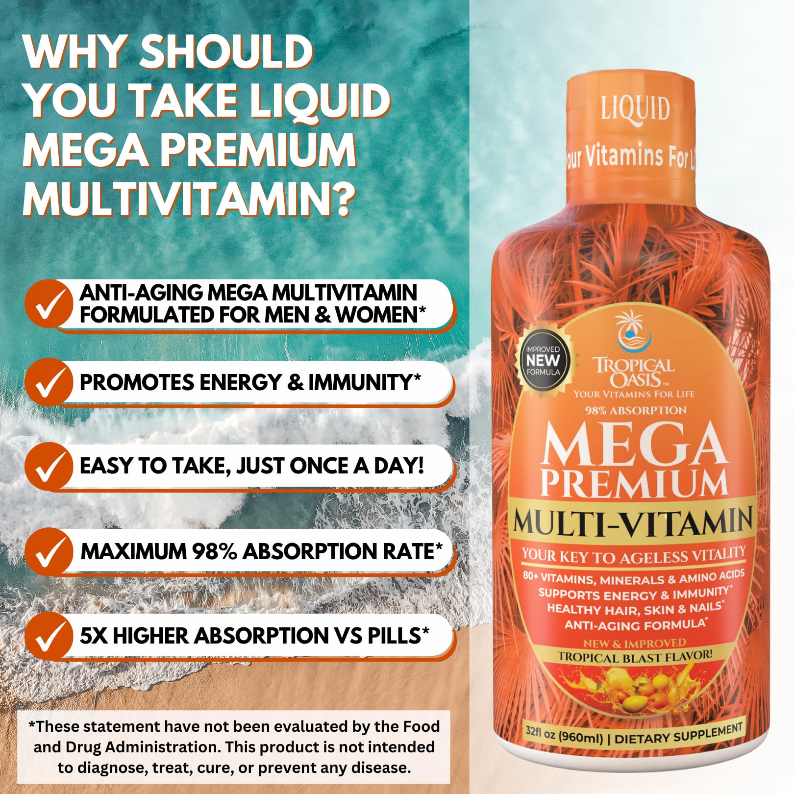Mega Premium Liquid Multivitamin | Natural Immune Support Vitamin w/ 1333% Vitamin C, 200% D3, Zinc + 20 Vitamins, 70 Minerals, & 21 Amino Acids | Sugar Free | Orange Flavor | 98% Absorption | 32 Serv Tropical Oasis Au supplements