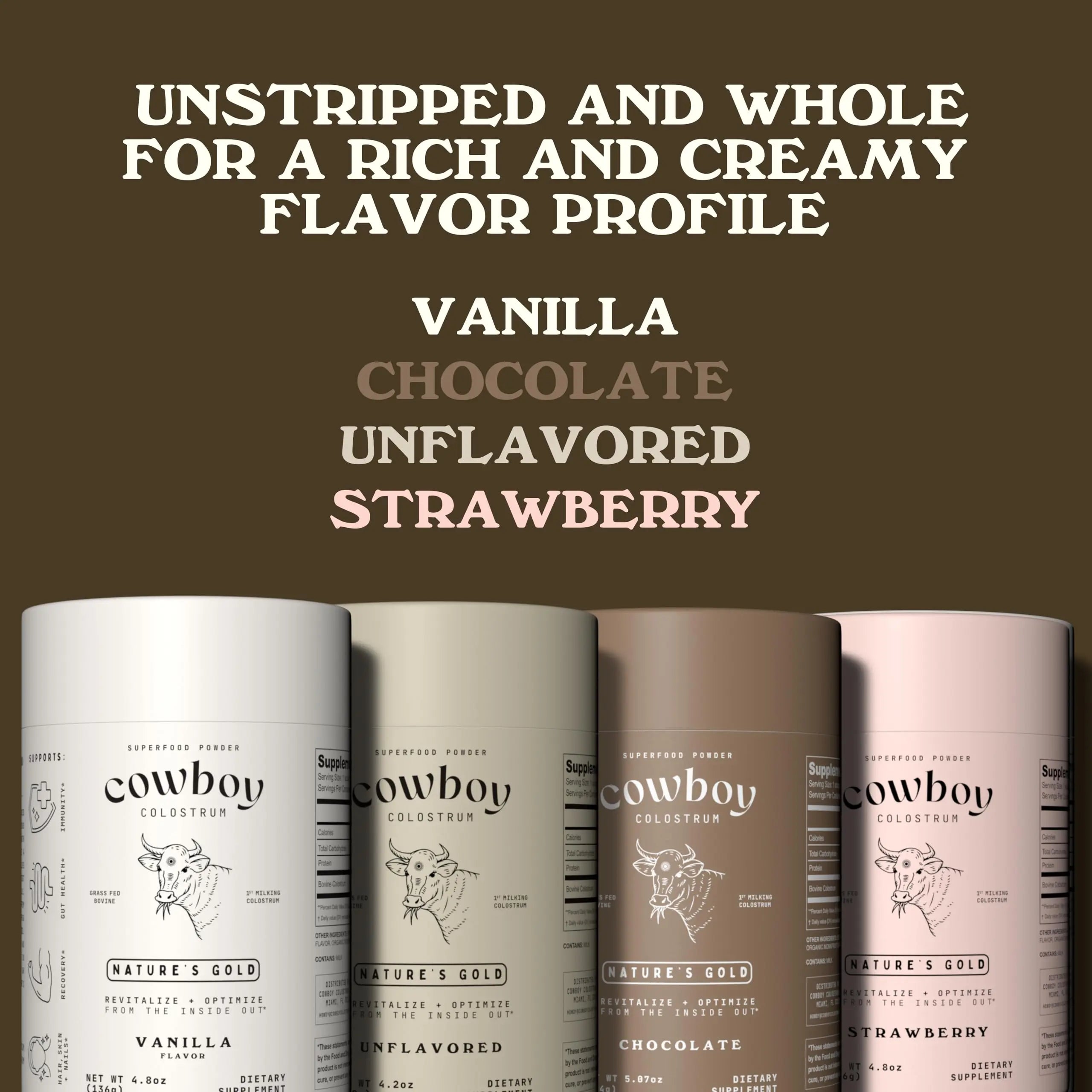 Cowboy - The Exclusive 1st Milking, Whole, Grass Fed Colostrum Supplement for Full Body Health - Sugar Free Bovine Colostrum Powder Packed with Bioactive(Vanilla & Chocolate) Nutrients COWBOY COLOSTRUM Au supplements