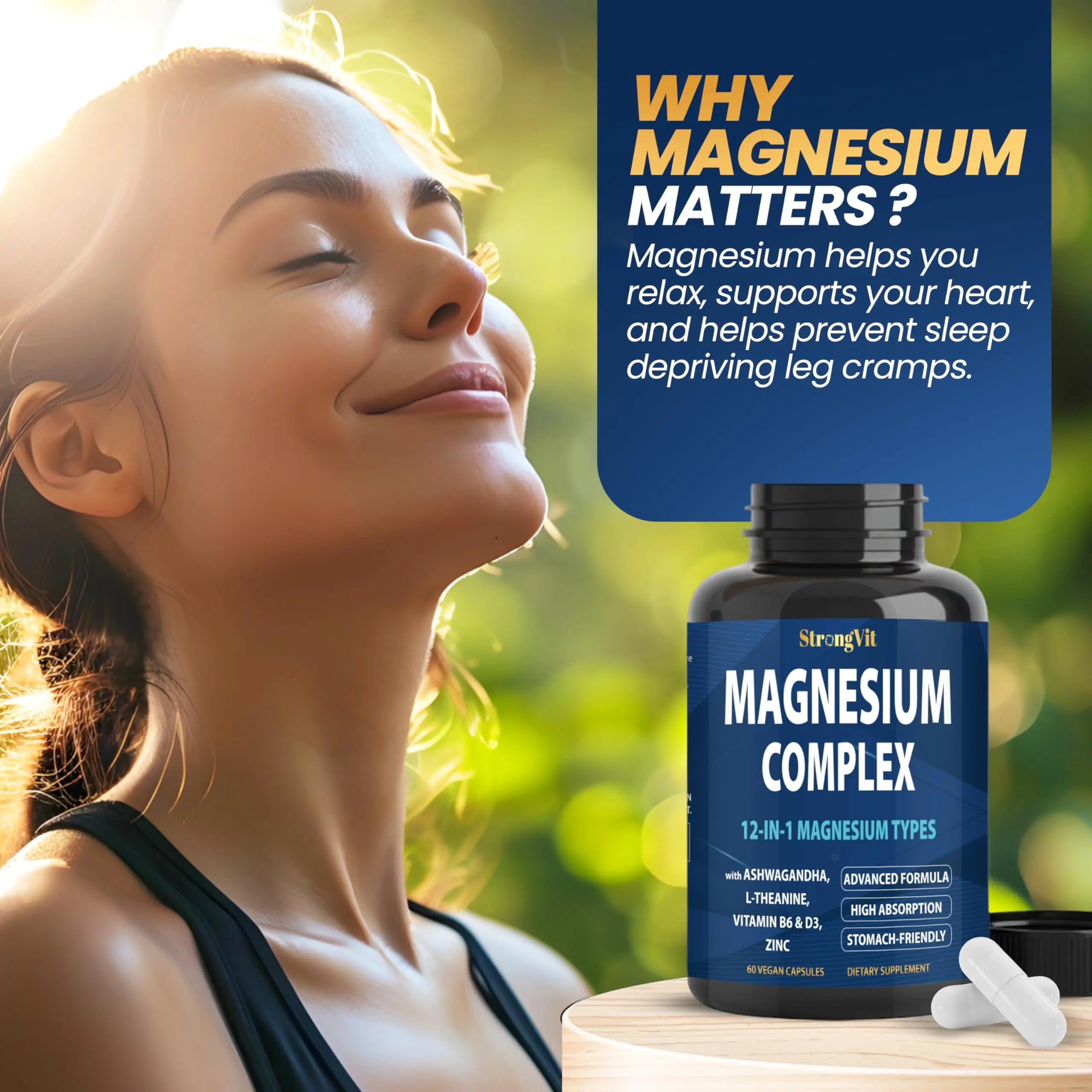 1000mg Magnesium Complex for Women and Men, 12 in 1 Magnesium Supplement with Ashwagandha, Zinc, D3, L-theanine. Easy to Swallow, High Absorption, Sleep Support & Stress Relief (60 Capsules) StrongVit Au supplements