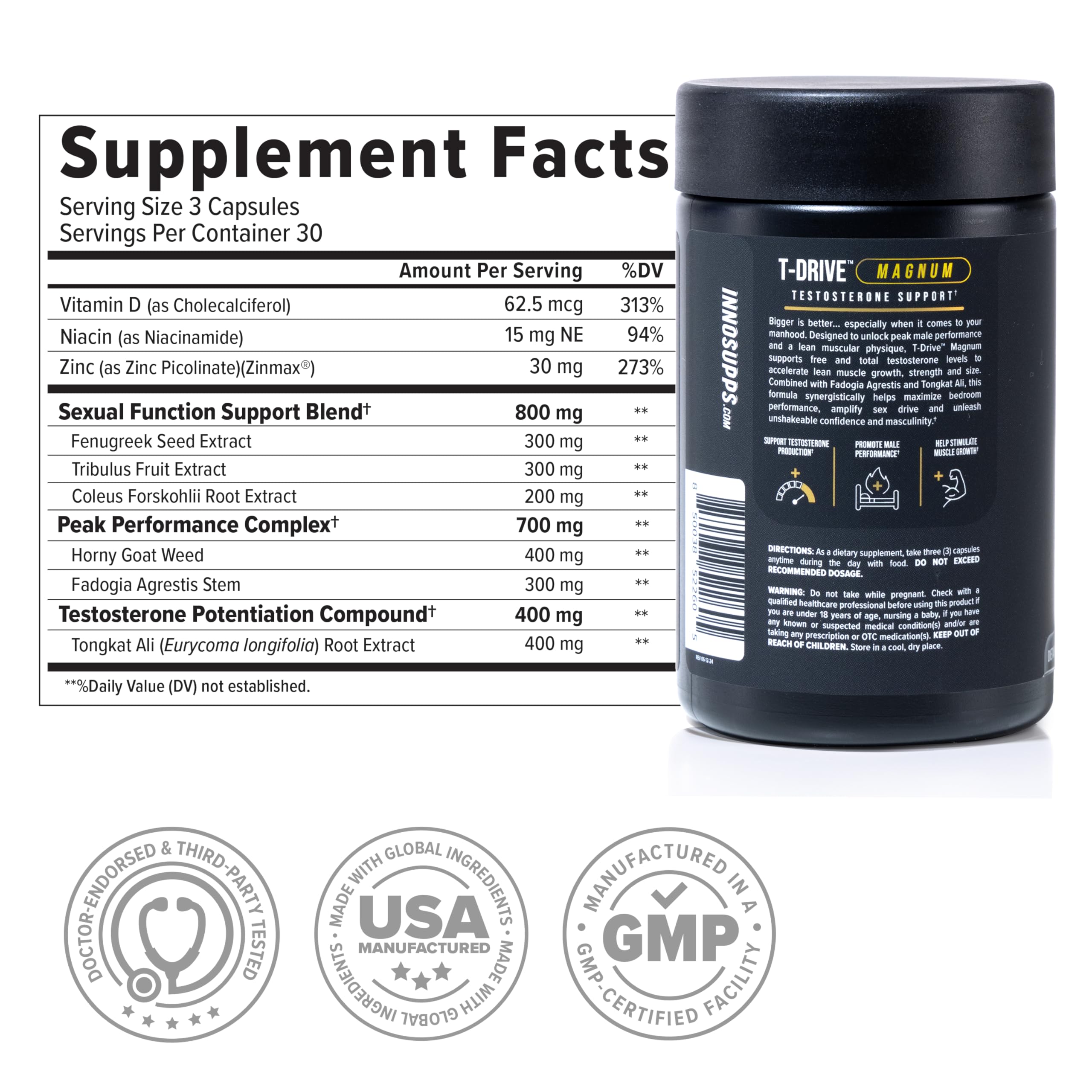InnoSupps T-Drive Magnum Testosterone Booster Enhance Peak Performance Amplify Muscle Growth, Increase Libido & Energy Levels, Horny Goat Weed Tongkat Ali, Zinc, Fenugreek, Fat Burner 90 Caps/30 Days InnoSupps Au supplements