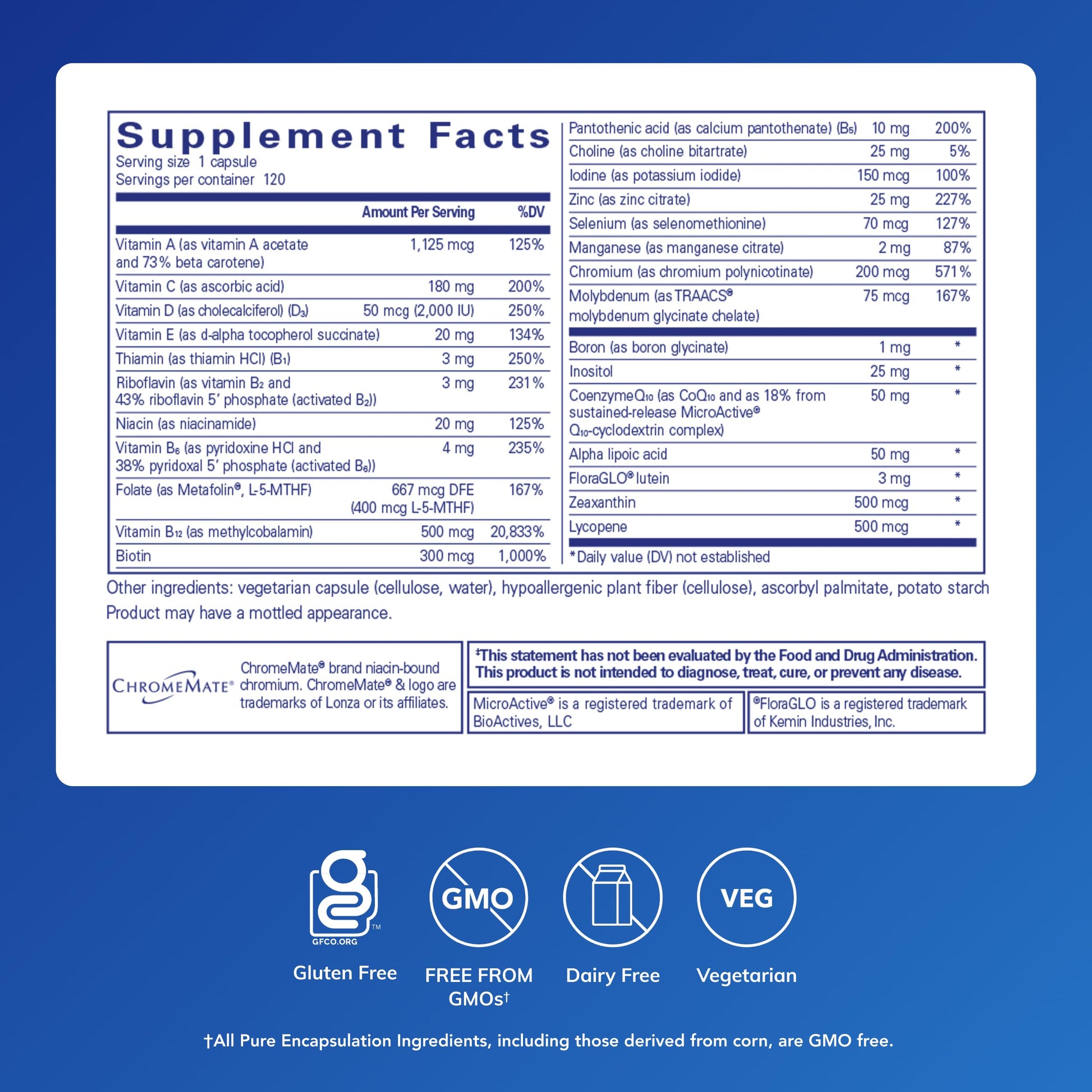 Pure Encapsulations O.N.E. Multivitamin - Once Daily Multivitamin with Antioxidant Complex Metafolin, CoQ10, and Lutein to Support Vision, Cognitive Function, and Cellular Health* - 120 Capsules Pure Encapsulations Au supplements