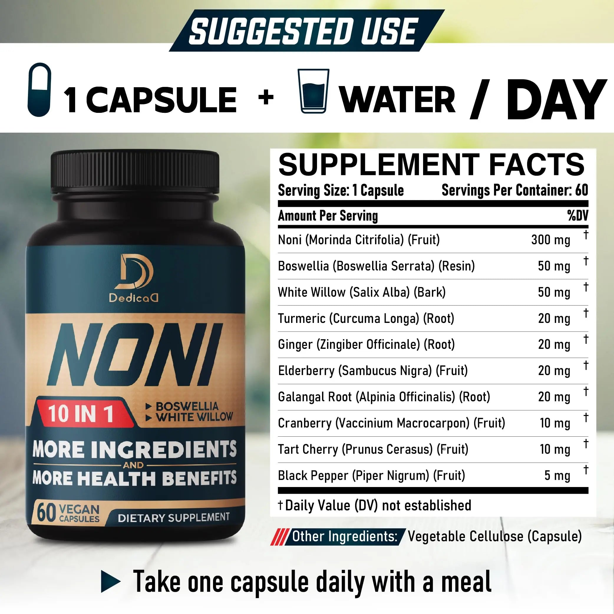DEDICAD 10in1 Noni Capsules - 4 Month Supply with Elderberry, Boswellia, Turmeric, Ginger & More - Support Muscle, Joint, Digestive & Immune - 2 Packs of 60 Vegan Capsules, Non-GMO & Gluten-Free DEDICAD Au supplements