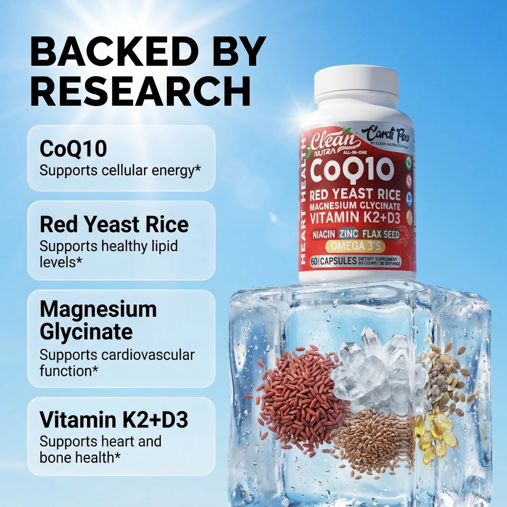 Clean Nutra CoQ10 Red Yeast Rice Magnesium Glycinate Vitamin K2 D3 Niacin Zinc Flax Seed Omega 3 Capsules 60 Count All in One Formula Premium Ingredients Dietary Supplement Clean Nutraceuticals Au supplements