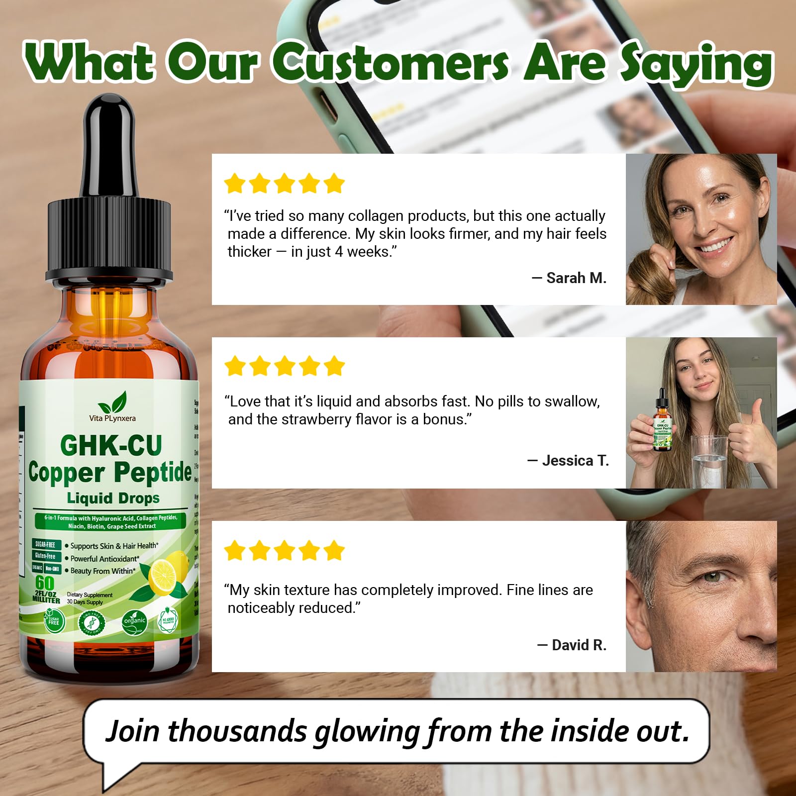 Vita PLynxera GHK-CU Peptide Supplement Liquid Drops, Premium 6-in-1 GHK CU Copper Peptides w. Marine Collagen Hyaluronic Acid Biotin for Anti-Aging, Skin Hair Growth Support, Oral Drops丨Women Men Vita PLynxera Au supplements