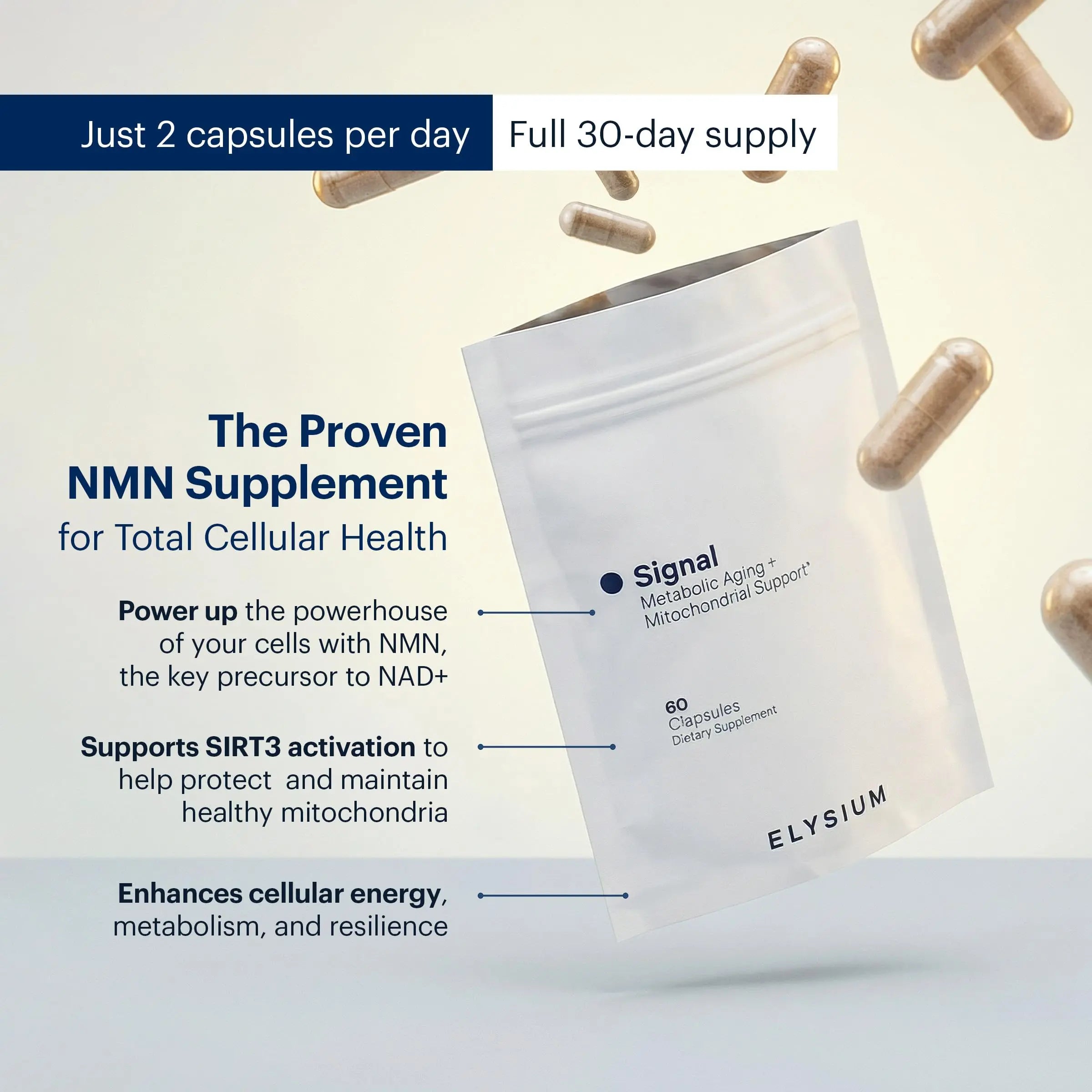 ELYSIUM Signal NMN Supplement - Clinically Proven to Support NAD+ Production, Mitochondrial Function & Metabolic Health - Nicotinamide Mononucleotide and SIRT3 Activation Complex- 30 Day Supply ELYSIUM Au supplements