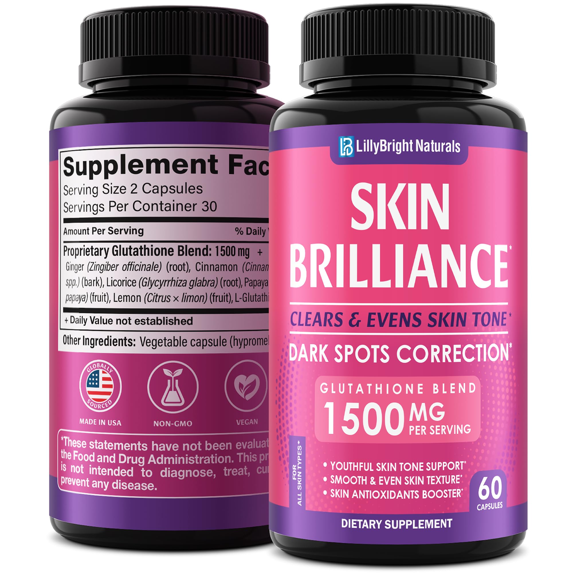 Glutathione Capsules - 1,500mcg L-Glutathione Supplement with Vitamin C - Skin Tone Enhancer - Targets Dark Spots & Acne Marks - Antioxidant Supplement for Beauty & Health Support - 60 Skin Pills LB LILLYBRIGHT NATURALS Au supplements