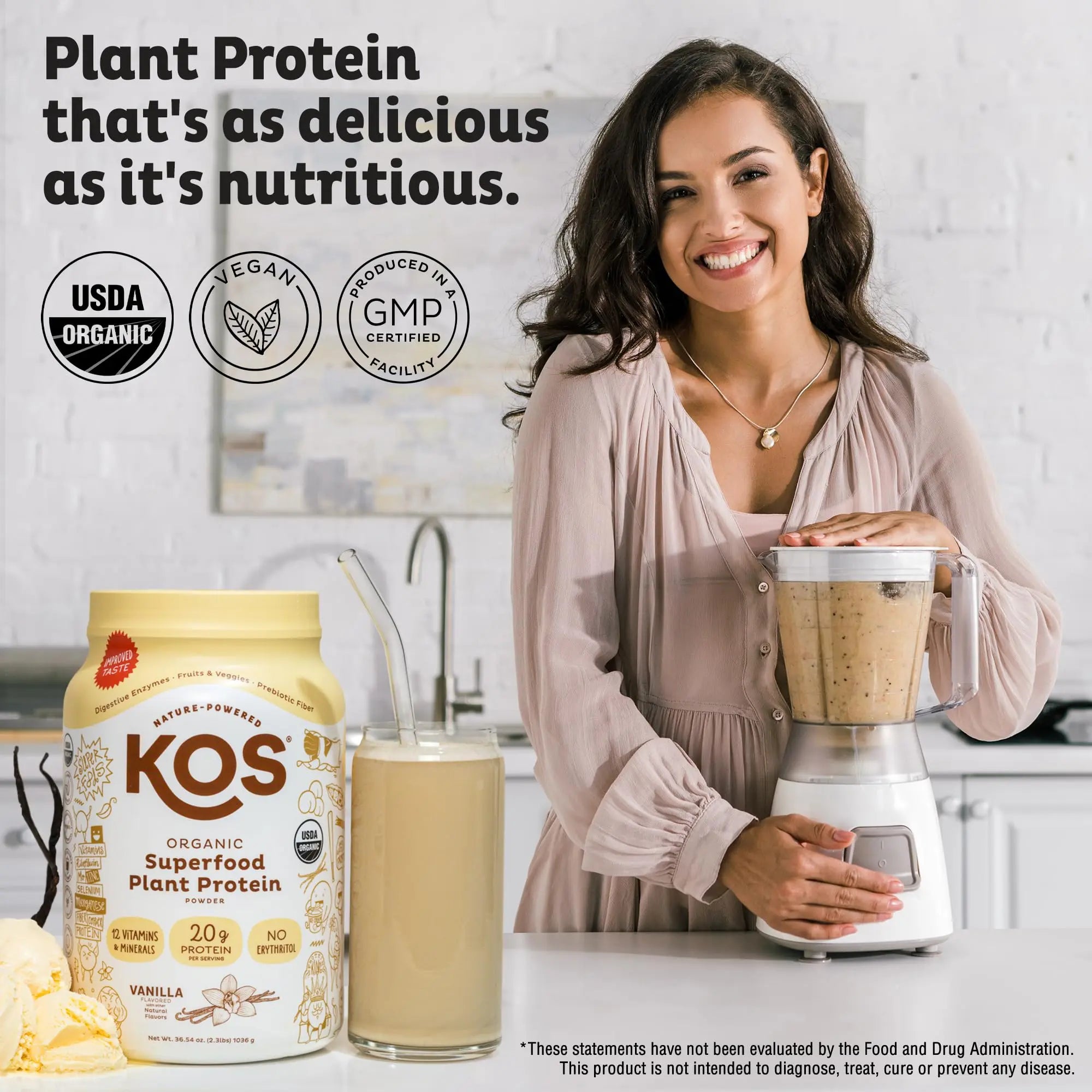 KOS Vegan Protein Powder Erythritol Free, Vanilla USDA Organic - Pea Protein Blend, Plant Based Superfood Rich in Vitamins & Minerals - Keto, Dairy Free - Meal Replacement for Women & Men, 28 Servings KOS Au supplements