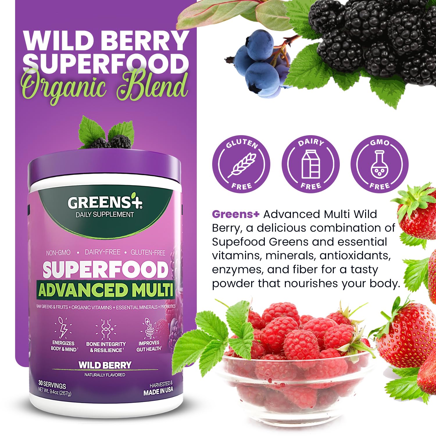 Greens+ Advanced Multi Wild Berry Superfood Powder, Organic Blend, Vegan, Non-GMO, Soy-Free, Dairy-Free, Gluten-Free, Dietary Supplement with Vitamins & Minerals, 9.4 oz Greens+ Au supplements