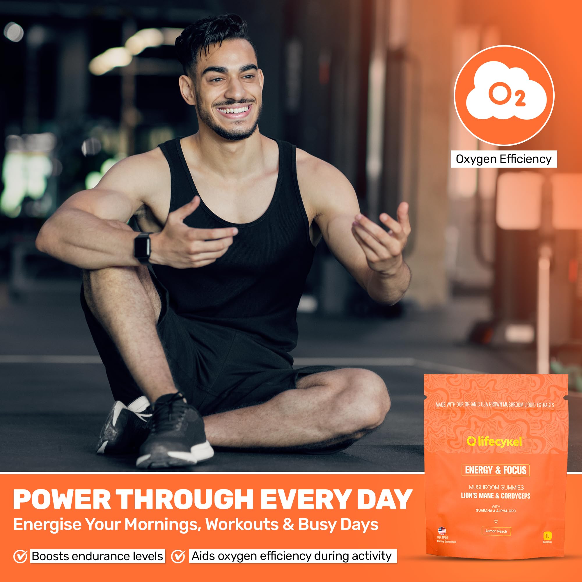 Life Cykel - AM Energy and Focus Mushroom Gummies, 10 Count - Organic Lion's Mane Gummies with Cordyceps, Guarana & Alpha GPC for Mental Clarity, Natural Energy, Endurance & Focus - Lemon Peach Flavor Life Cykel Au supplements