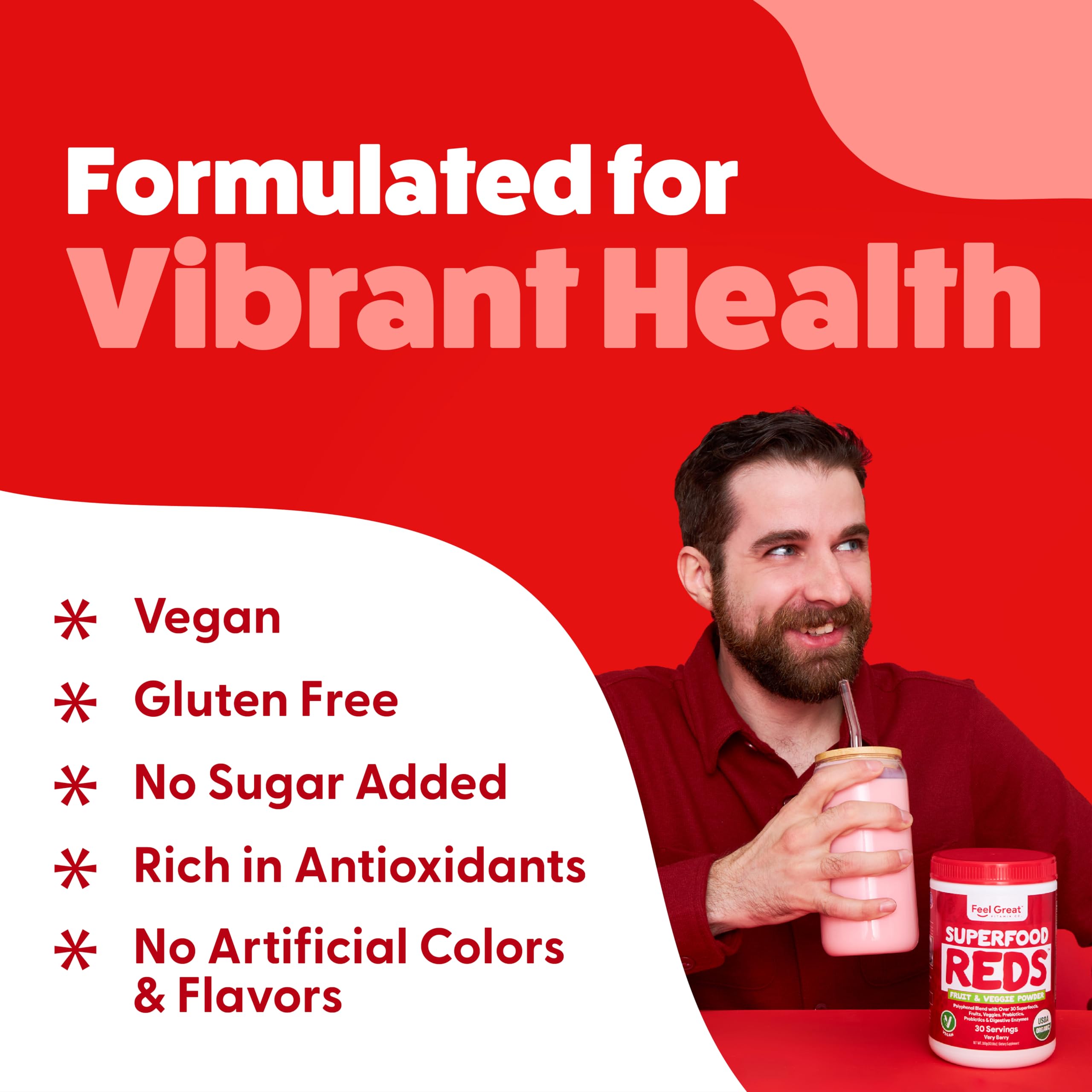 Feel Great Organic Superfood Reds Powder Packed with Beet Root Powder | Digestive Support Including Bloating Relief | Fruit and Veggie Polyphenols Supplement. The Feel Great Vitamin Company Au supplements