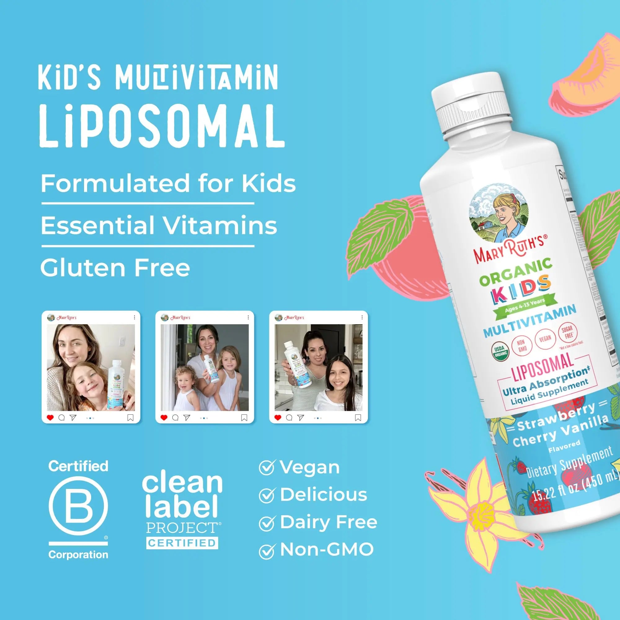 MaryRuth Organics Kids Multivitamin Liposomal | Vegan, Sugar-Free Vitamins for Kids | Ages 4+ | 2 Month Supply | 15.22 Fl Oz MARYRUTH'S Au supplements