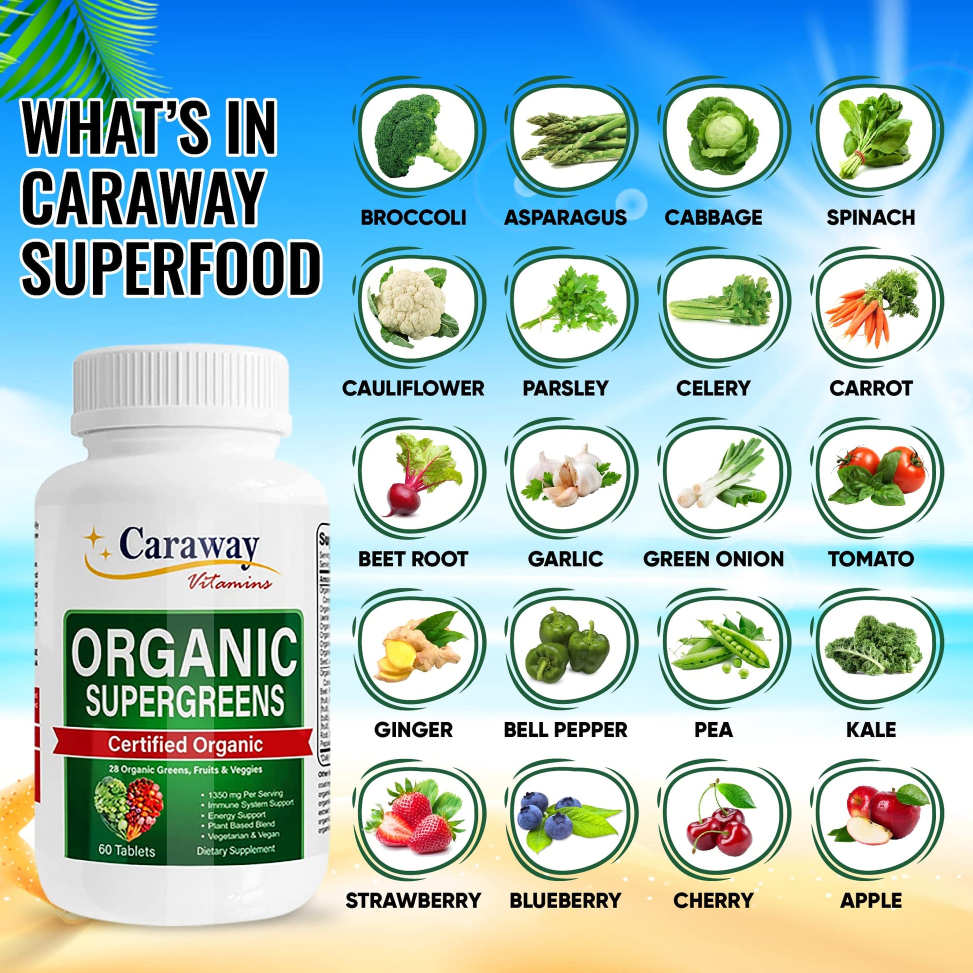 Organic Superfoods Vitamins Super Greens Complex by Caraway Vitamins 1,350 mg per Serving 28 Fruits Vegetables Greens 60 Count Tablets Non-GMO Natural for Men & Women Caraway Vitamins Au supplements