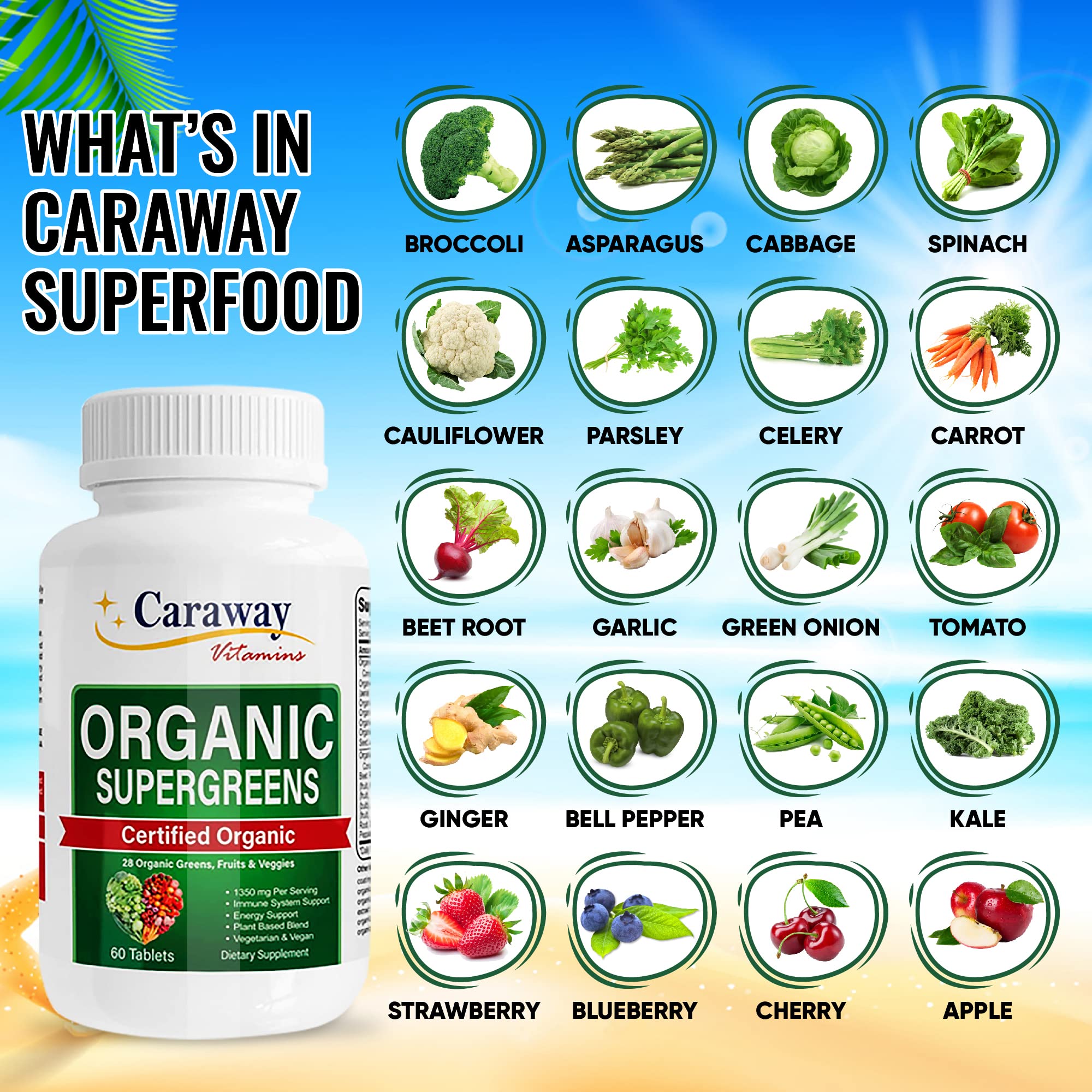 Organic Superfoods Vitamins Super Greens Complex by Caraway Vitamins 1,350 mg per Serving 28 Fruits Vegetables Greens 60 Count Tablets Non-GMO Natural for Men & Women Caraway Vitamins Au supplements