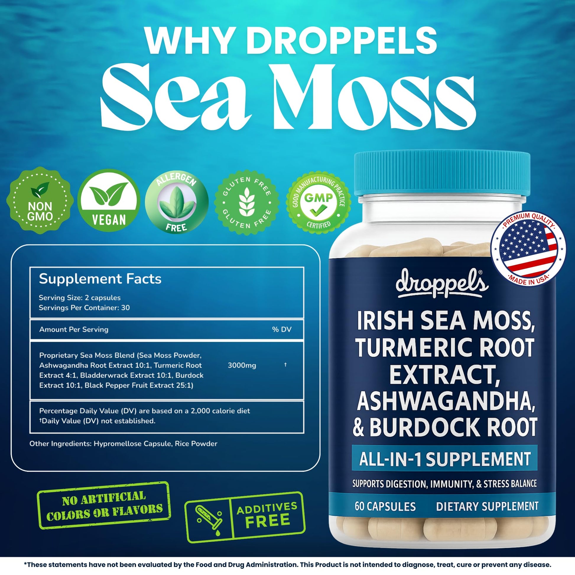 Droppels Irish Sea Moss Capsules with Turmeric Root, Ashwagandha, Black Pepper & Burdock Root – Natural Mineral Blend for Immune, Digestion, Joint & Energy Support – Vegan, Non-GMO – 60 Capsules Droppels Au supplements