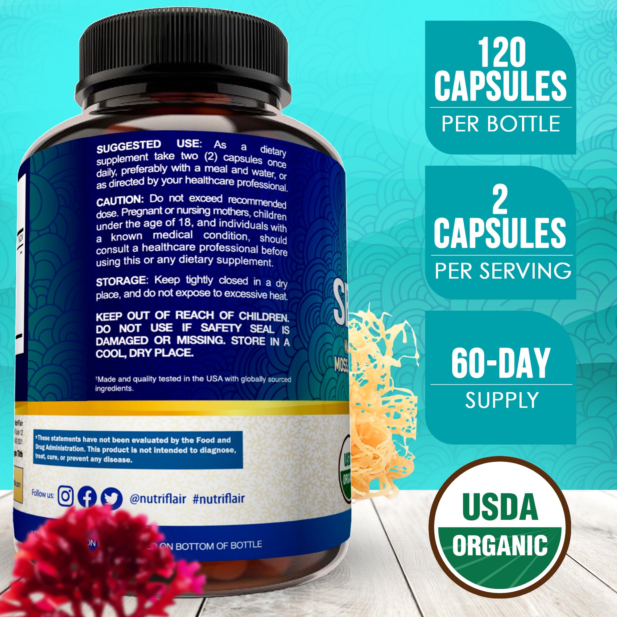 NutriFlair Organic Sea Moss 1600mg, 120 Capsules Plus Bladderwrack & Burdock - Prebiotic Super Food - Immune System & Digestive Health - Thyroid, Healthy Skin, Keto Detox, Gut NutriFlair Au supplements