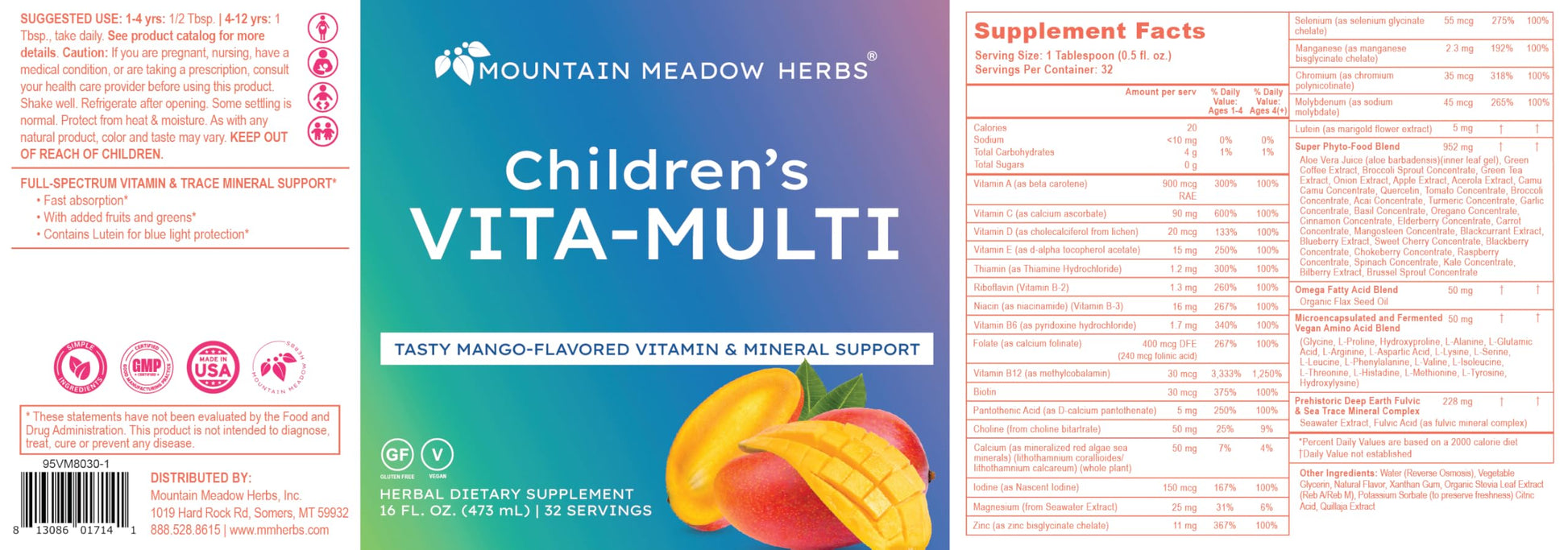 Mountain Meadow Herbs Children's Vita-Multi: Blended Vitamin & Mineral Supplement - Fast Absorbing Liquid Kids Vitamins with Fruits, Greens, and Eye-Protecting Lutein (16 oz.) Mountain Meadow Herbs Au supplements