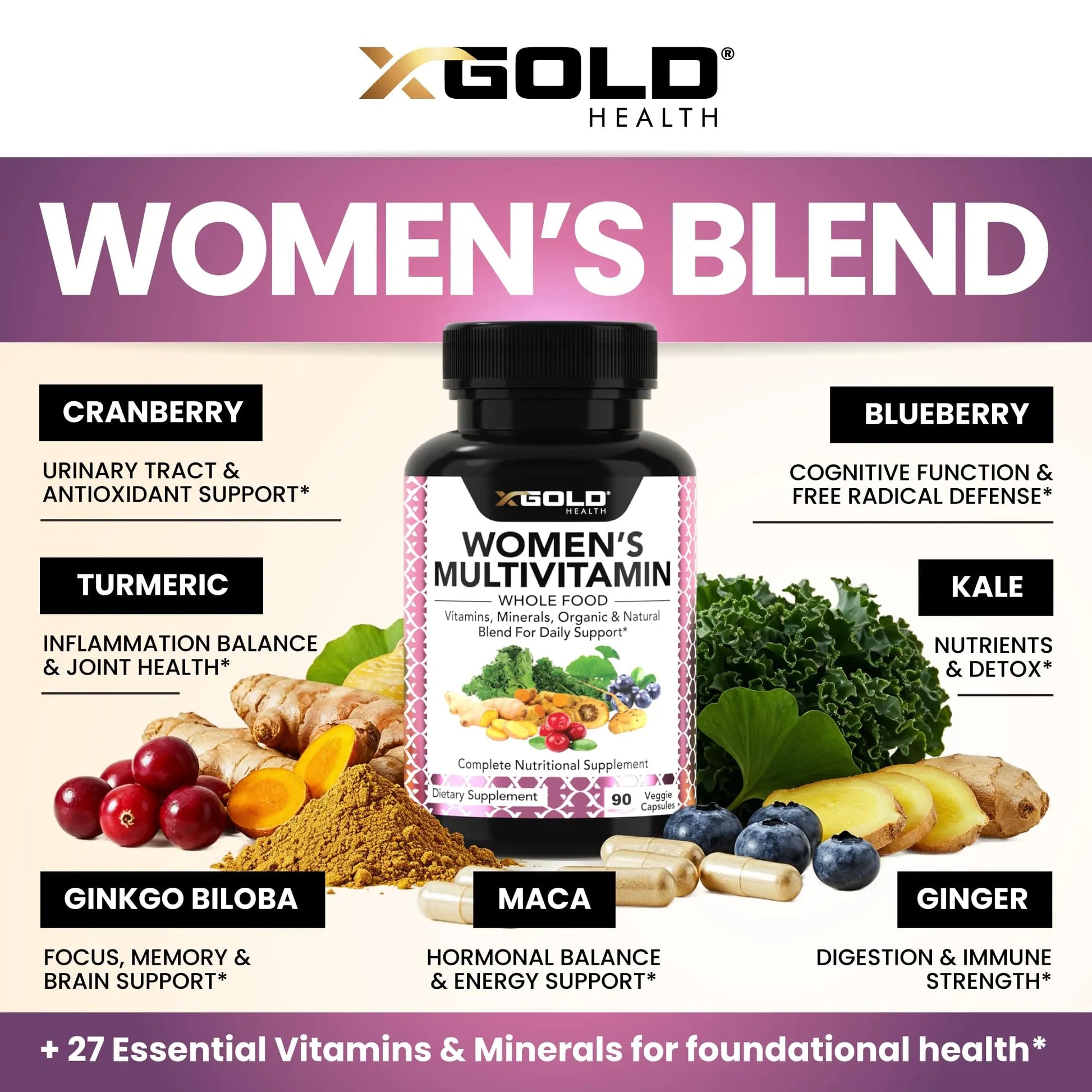 Vegan Women's Daily Multivitamin 50 Plus with Organic WholeFood Based Natural Ingredients, Ginger, Maca, Multi-Vitamin B Complex & More X Gold Health Au supplements