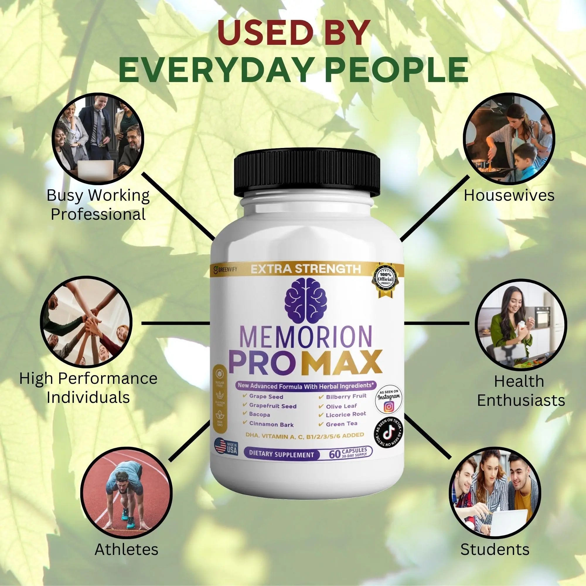 GREENVIFY Memorion Pro Max Extra Strength Brain Support Supplement, 60 Capsules, with DHA, Vitamins, Herbal Blend, 30-Day Supply (1) GREENVIFY Au supplements