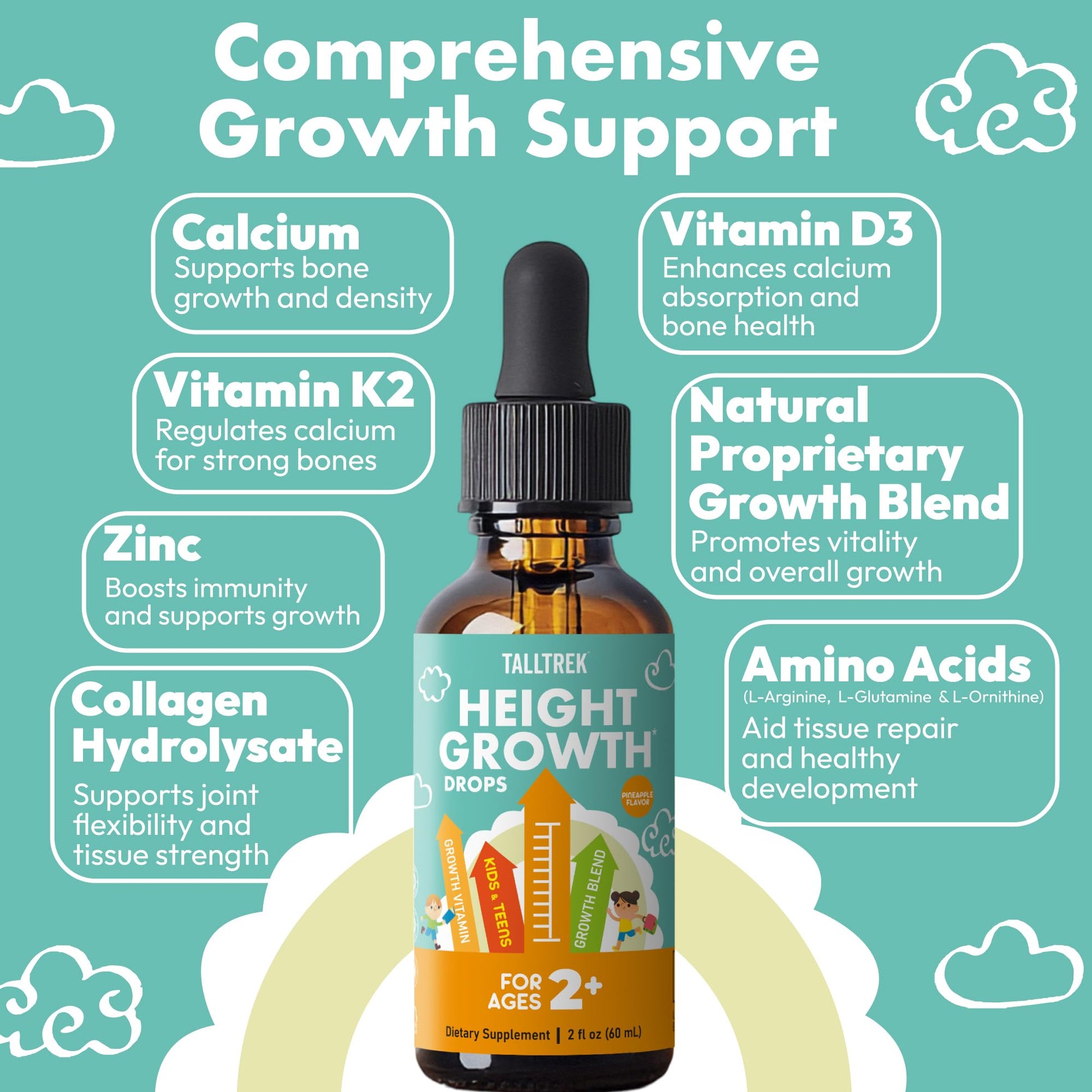 TallTrek Height Growth Supplement Drops for Kids - Teens Bone Growth Height Increase and Maximizer Immune Health Drops with Vitamins D3 K2 Zinc & Calcium - Gluten Free Vegan Pineapple Flavor TallTrek Au supplements