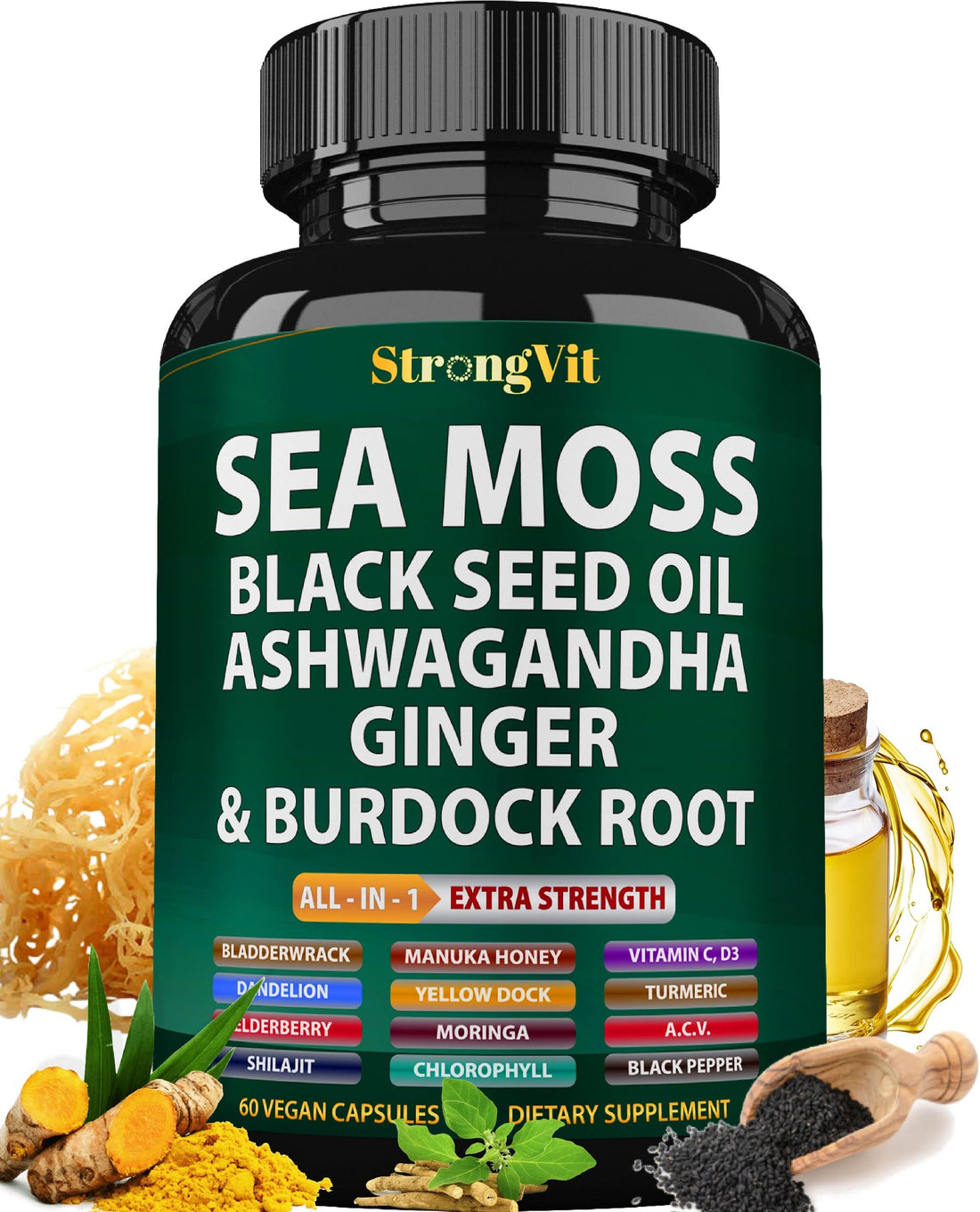 StrongVit Sea Moss Black Seed Oil Ashwagandha Ginger, Organic Sea Moss Capsules with Burdock Root, Irish Seamoss Pills with Bladderwrack, Advanced Multimineral Supplement, USA StrongVit Au supplements