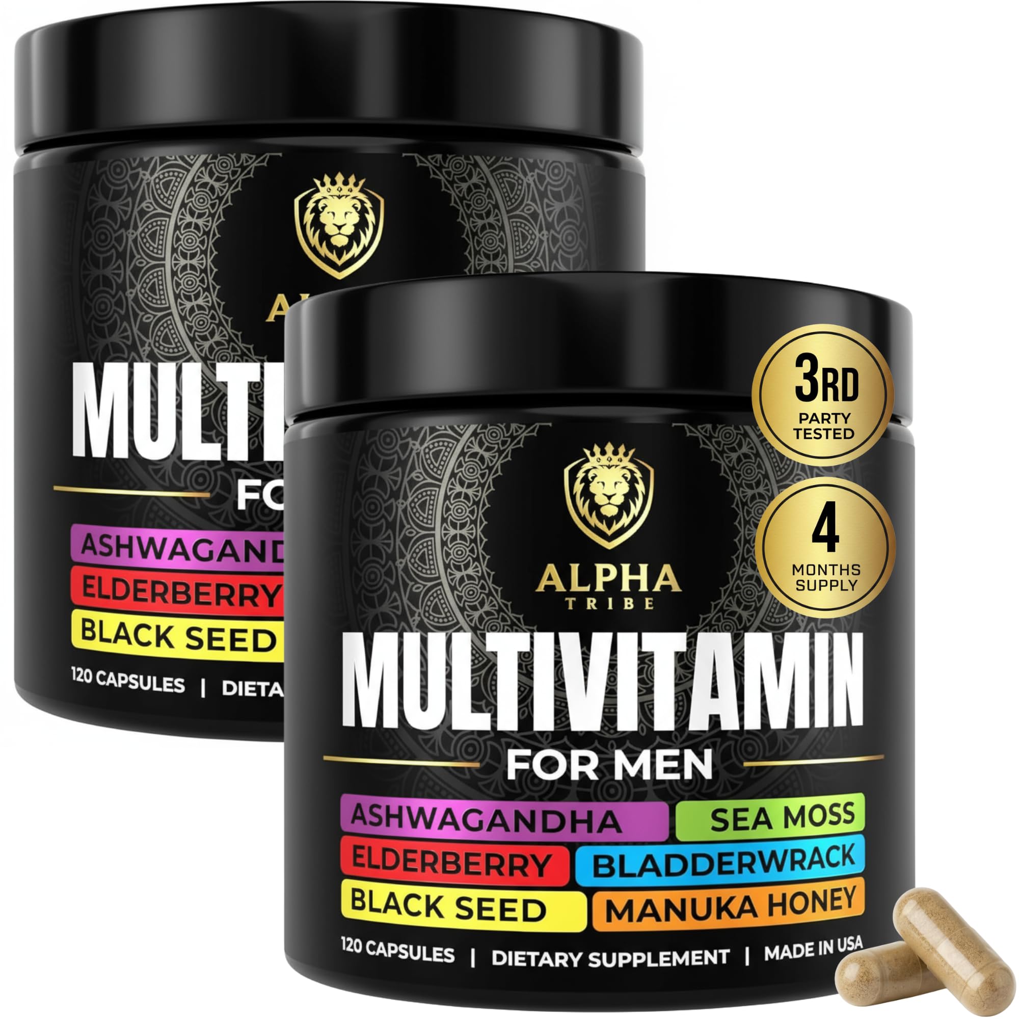 Alpha Tribe Multivitamin for Men with Sea Moss, Black Seed Oil, Ashwagandha, Turmeric, Bladderwrack, Burdock, Vitamin C, Elderberry, Manuka | Daily Vitamins & Minerals Supplement Capsules - 240 Count Alpha Tribe Au supplements