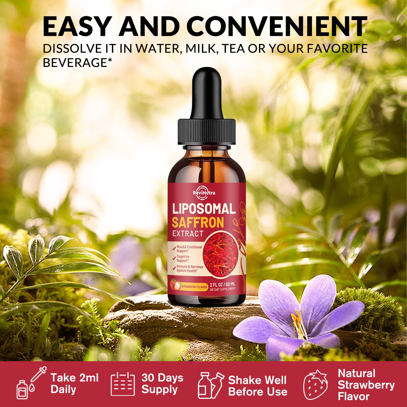 Saffron Supplements - 88.5mg Saffron Extract Liposomal Liquid Drops with Magnesium, Zinc, Ashwagandha, L-Theanine, Vitamin B6, D3 for Antioxidant Mood Energy Vision & Focus, Strawberry Flavor 2 Fl Oz ReviNutra Au supplements