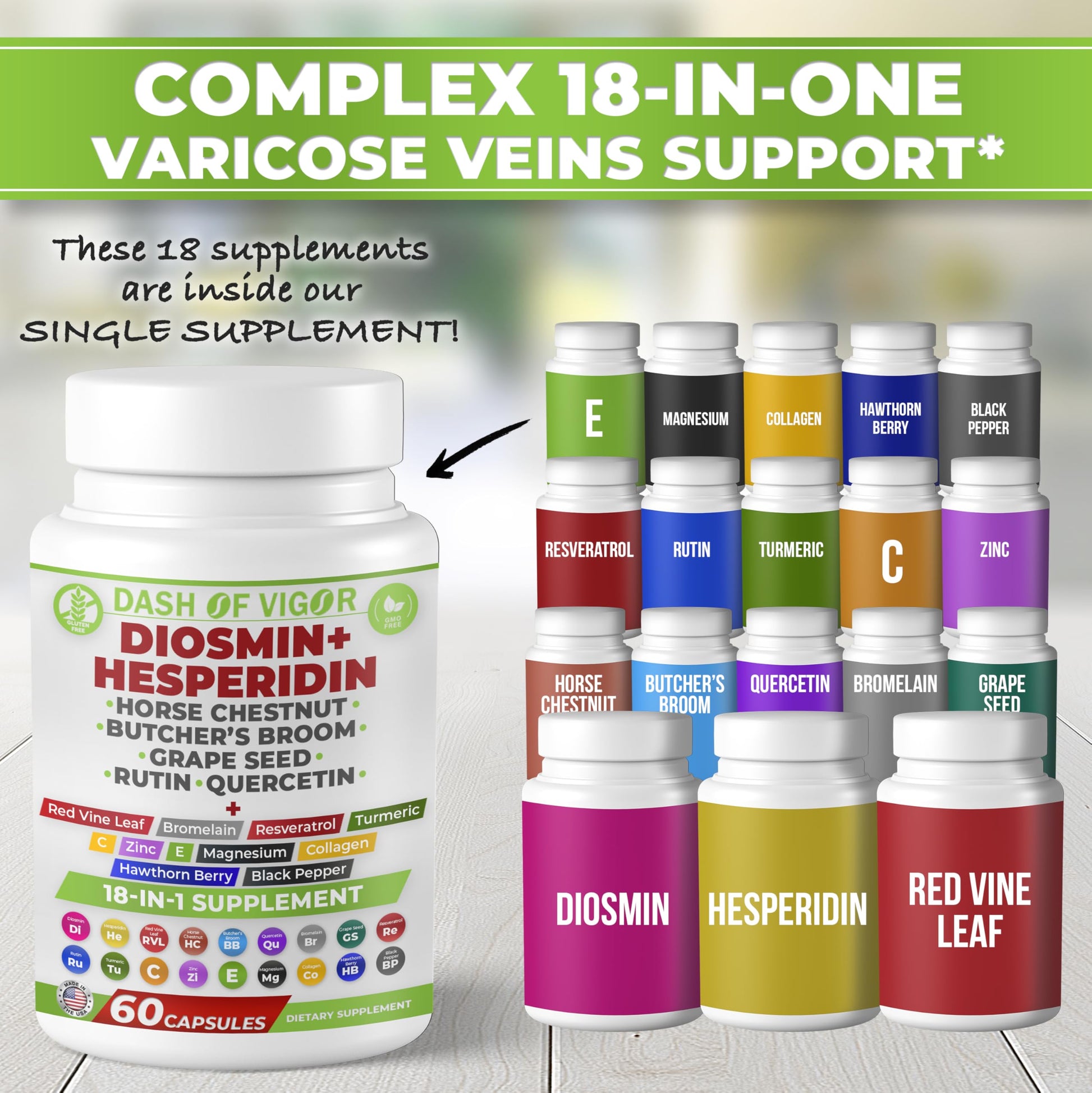 Dash of Vigor 18-in-1 Diosmin Hesperidin Supplement, Quercetin with Bromelain, Zinc, Vitamin C with Rutin Supplement, Horse Chestnut Extract, Butcher's Broom Extract, USA, 60 Capsules DASH OF VIGOR DOFV Au supplements