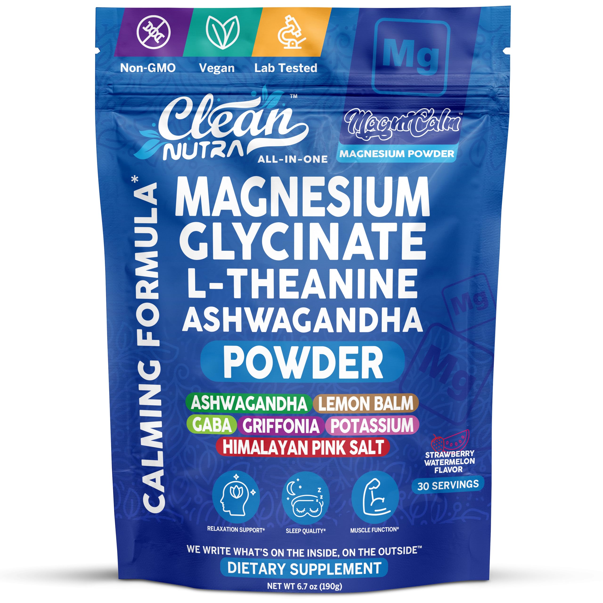 Magnesium Glycinate Powder Supplement + L Theanine Ashwagandha Glycine Apigenin Lemon Balm GABA 5HTP Pink Salt Potassium L Tryptophan Calcium | Powdered Sleep Aid Calm Trace Minerals Vitamin Clean Nutraceuticals Au supplements