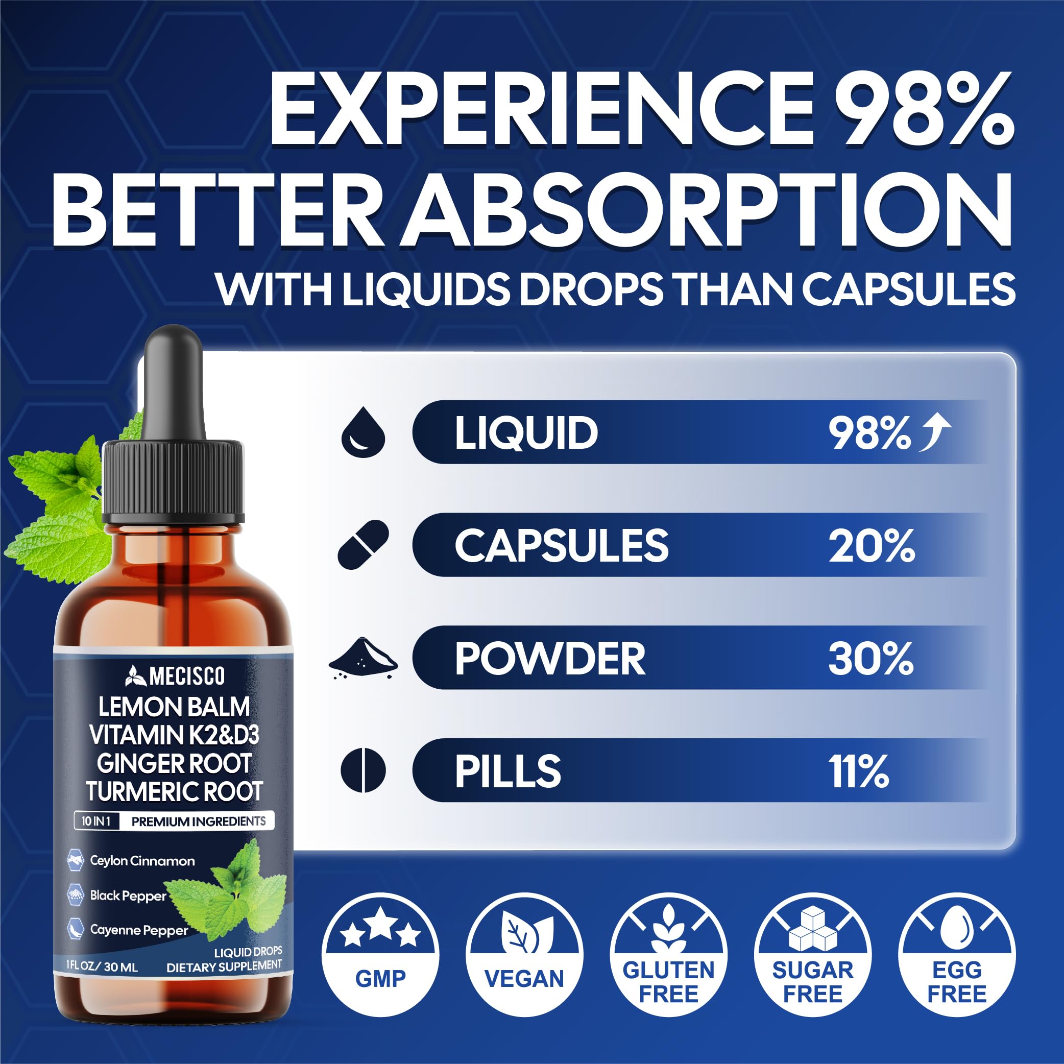 10in1 Lemon Balm Liquid Drops Blend Includes Vitamin D3, Vitamin K2, Lemon Balm, Ginger, Turmeric, Ceylon Cinnamon, Black Pepper, Cayenne Pepper, Berberine, Valerian Root - 1 FL Oz - 2 Month Supply Mecisco Au supplements