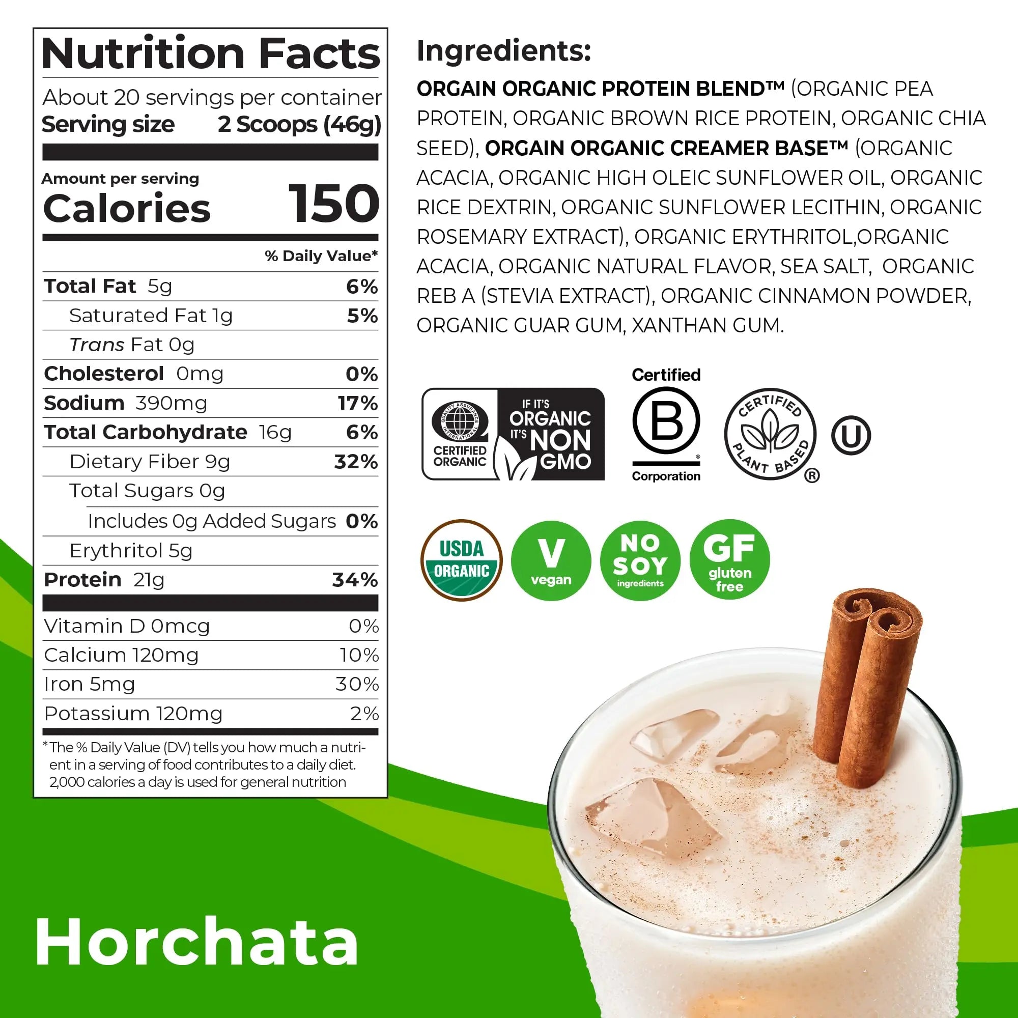 Orgain Organic Vegan Protein Powder, Horchata - 21g of Plant Based Protein, Low Net Orgain Au supplements