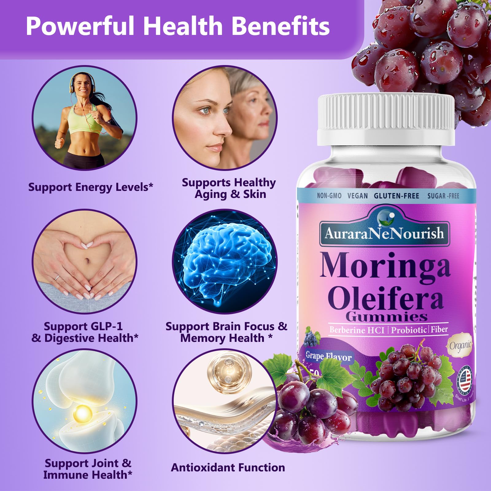 AuraraNeNourish Organic Moringa Oleifera Gummies for Women & Men, 8-in-1 Superfood Blend w. Berberine HCl & Moringa Leaf Extract for GLP-1 Support & Energy Immune Joint & Gut Health Sugar-Free AuraraNeNourish Au supplements