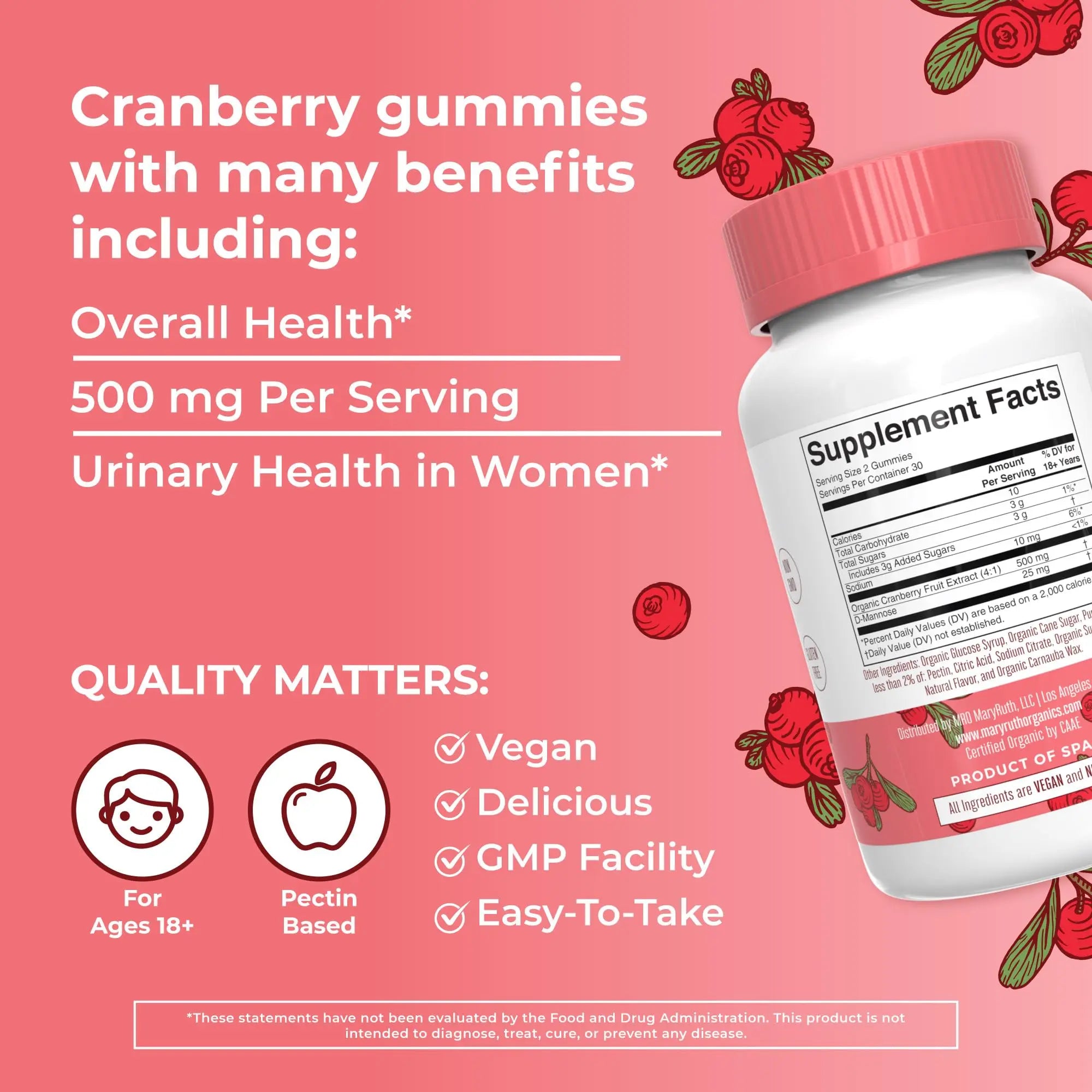 MaryRuth Organics Organic Cranberry Gummies - 500mg Supplement | Urinary Tract Health for Women | with D Mannose | Traditional Use MARYRUTH'S Au supplements