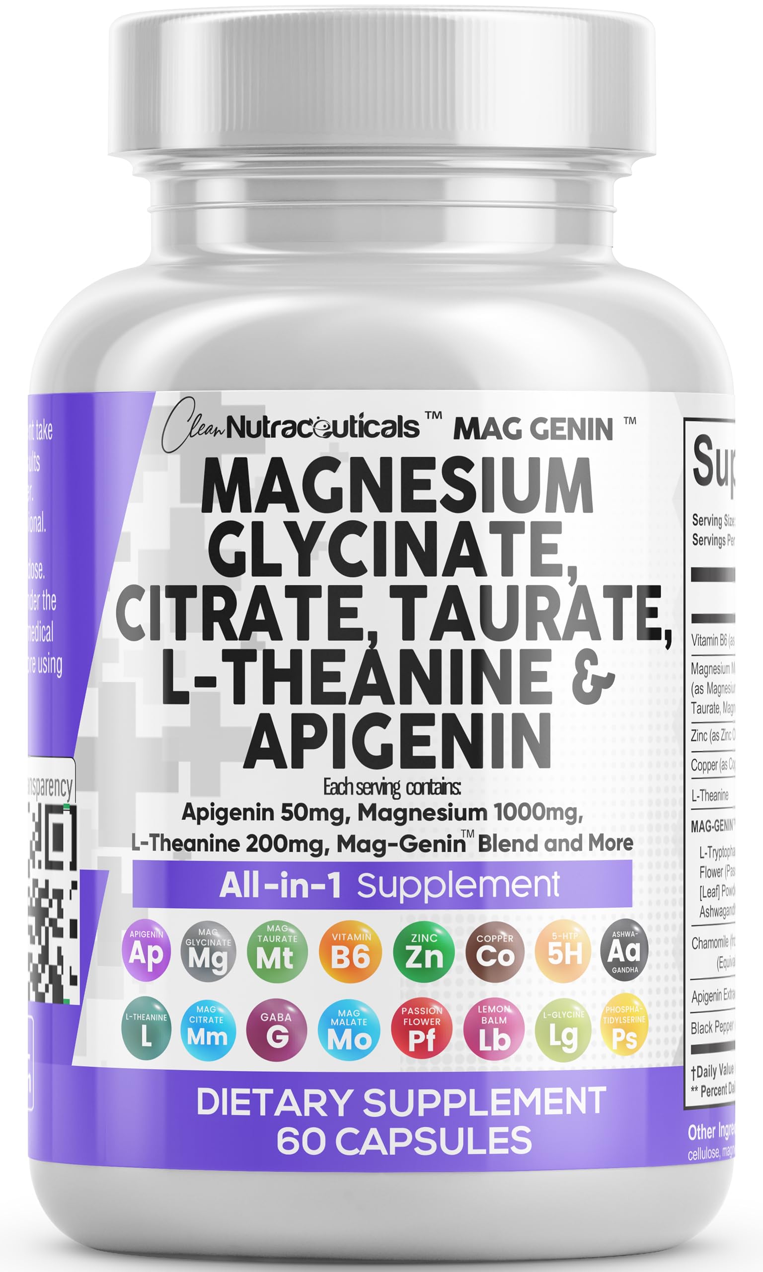 Clean Nutraceuticals Magnesium Glycinate Complex 1000mg with L-Theanine 200mg Apigenin 50mg Citrate Taurate Supplement - 5-HTP GABA Passion Flower Lemon Balm L-Glycine Phosphatidylserine - 60 Count Clean Nutraceuticals Au supplements