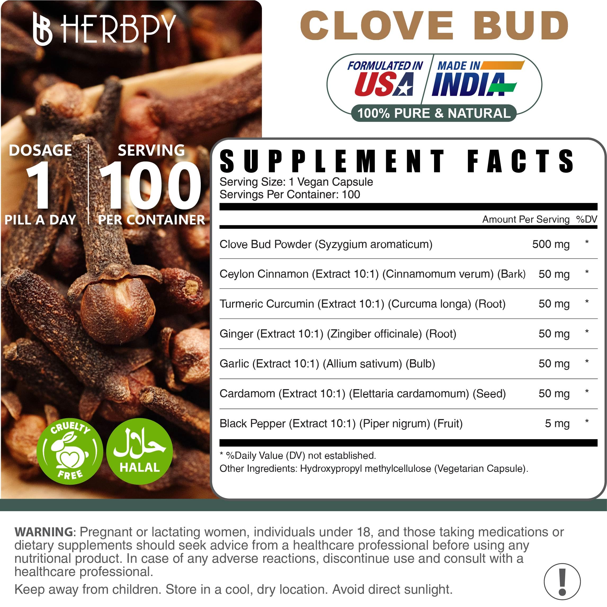 Herbpy 7in1 Clove Supplement Rich in Vitamins & Minerals Supports Digestion, Immune & Heart Health with Cinnamon, Turmeric, Ginger, Cardamom, Garlic & Black Pepper - 100 Vegan Capsules Herbpy Au supplements