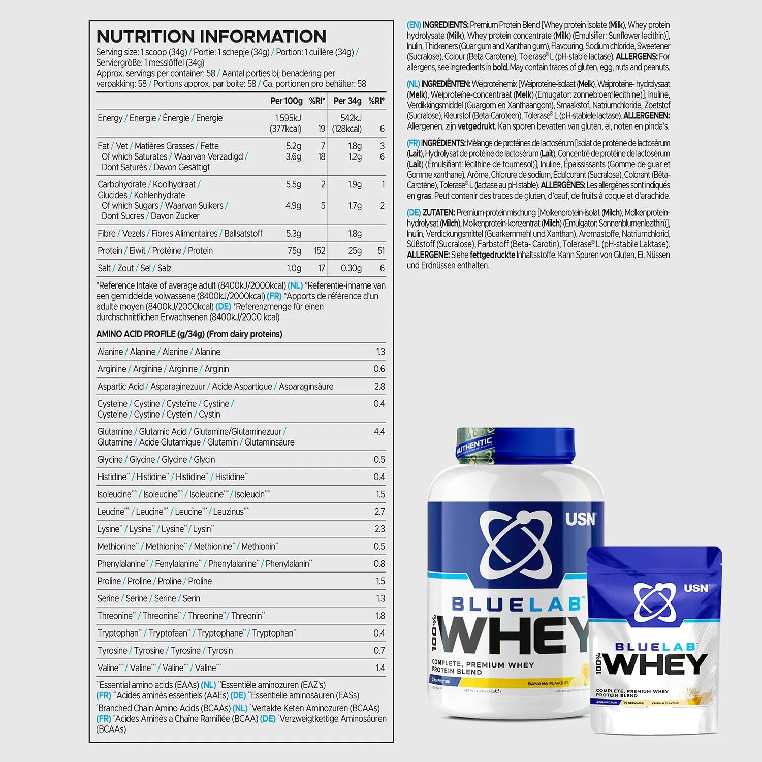 USN Blue Lab Whey Protein Powder: Banana - Whey Protein 908g - Post-Workout USN Au supplements