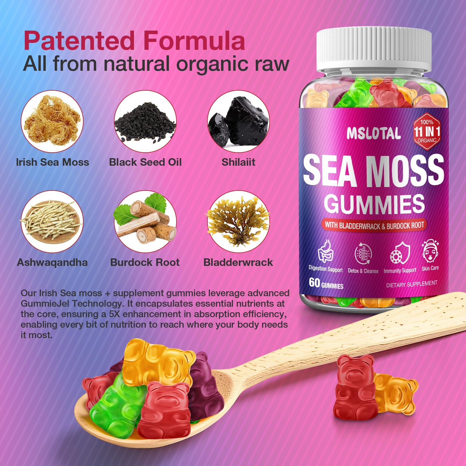 MSLOTAL Irish Sea Moss Gummies with Black Seed Oil, Ashwagandha Bladderwrack and Burdock Root, Organic Sea Moss Gummies for Women and Men with Shilajit, Immune Support, Vegan, 120 Gummies Totalss MSLOTAL Au supplements