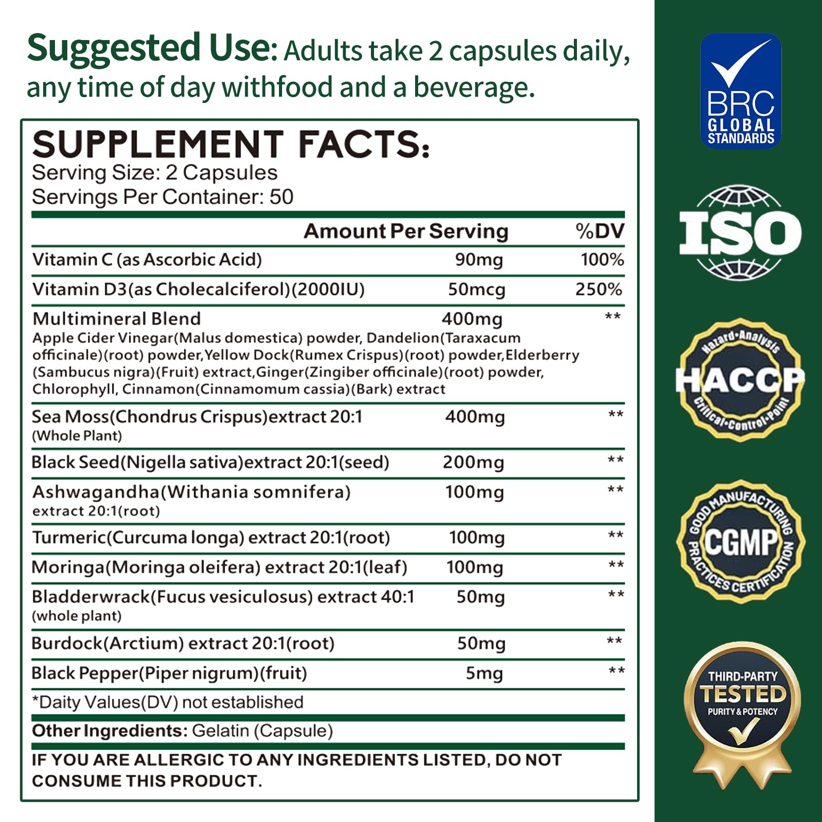 Zhibenon Sea Moss Capsules with Bladderwrack & Burdock - 50 Day Supply - Powerful Formula with Black Seed Oil, Ashwagandha, Turmeric, Vitamin C, Vitamin D3, Moringa & Black Pepper Extract Zhibenon Au supplements
