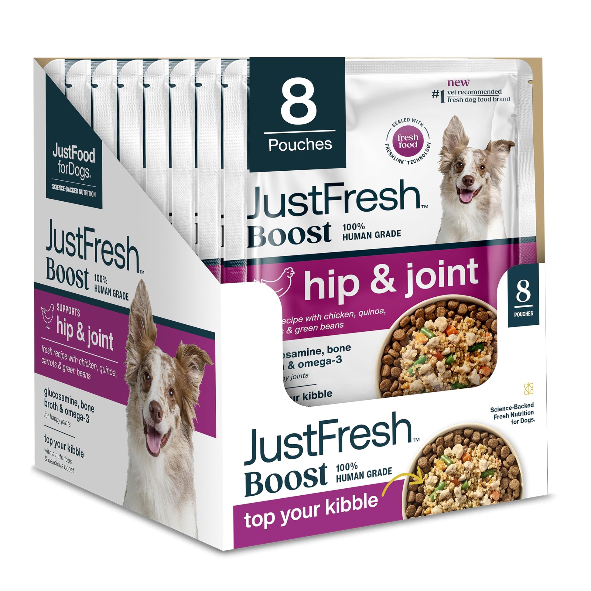 JustFoodForDogs JustFresh Boosts Hip & Joint Support Dog Food Toppers with Glucosamine to Support Hip Mobility & Joint Flexibility, Human-Grade Fresh Pet Meal Booster, 8 oz Pouches - 8 Pack JustFoodForDogs Au supplements