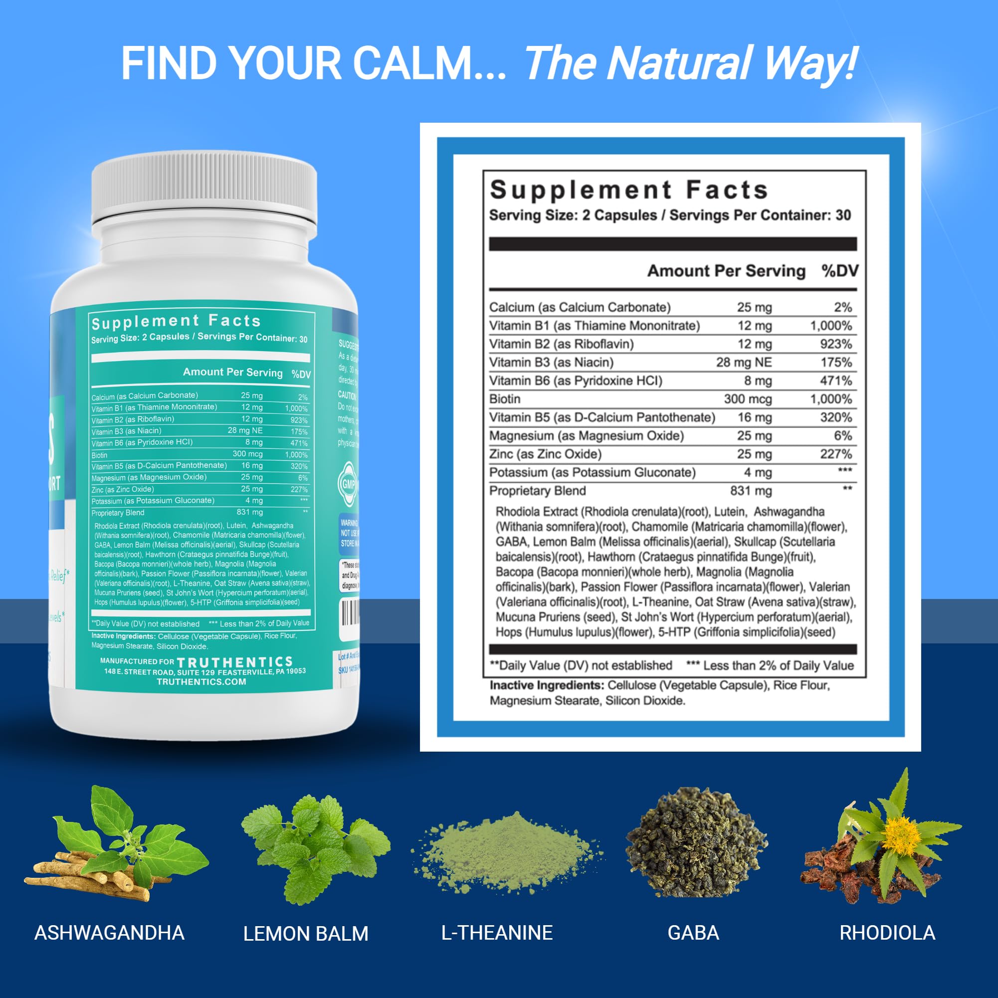 TRUTHENTICS Bye-Bye Stress - Stress & Mood Support Supplement for Women with Ashwagandha, GABA, Lemon Balm, L-Theanin & Vitamin B Complex - Vegan - 60 Capsules TRUTHENTICS Au supplements
