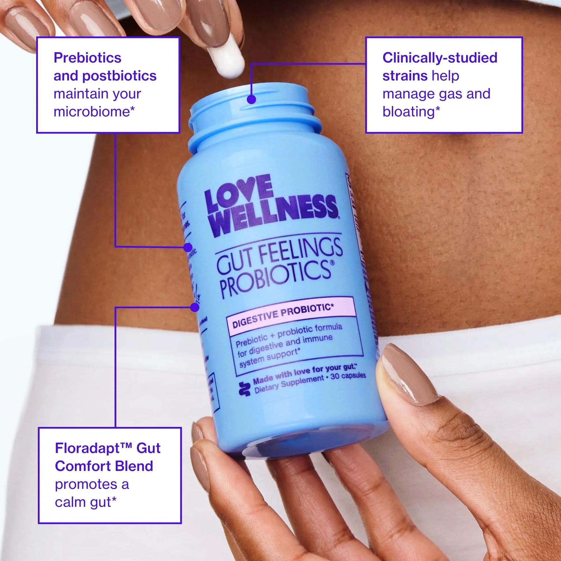 Love Wellness Gut Feelings Probiotic | Gut Health for Women, Digestion Relief & Immune Support Supplement | Womens Probiotic for Gas Relief | 3 Billion CFU | Safe Prebiotic and Postbiotic | 30 Count Love Wellness Au supplements