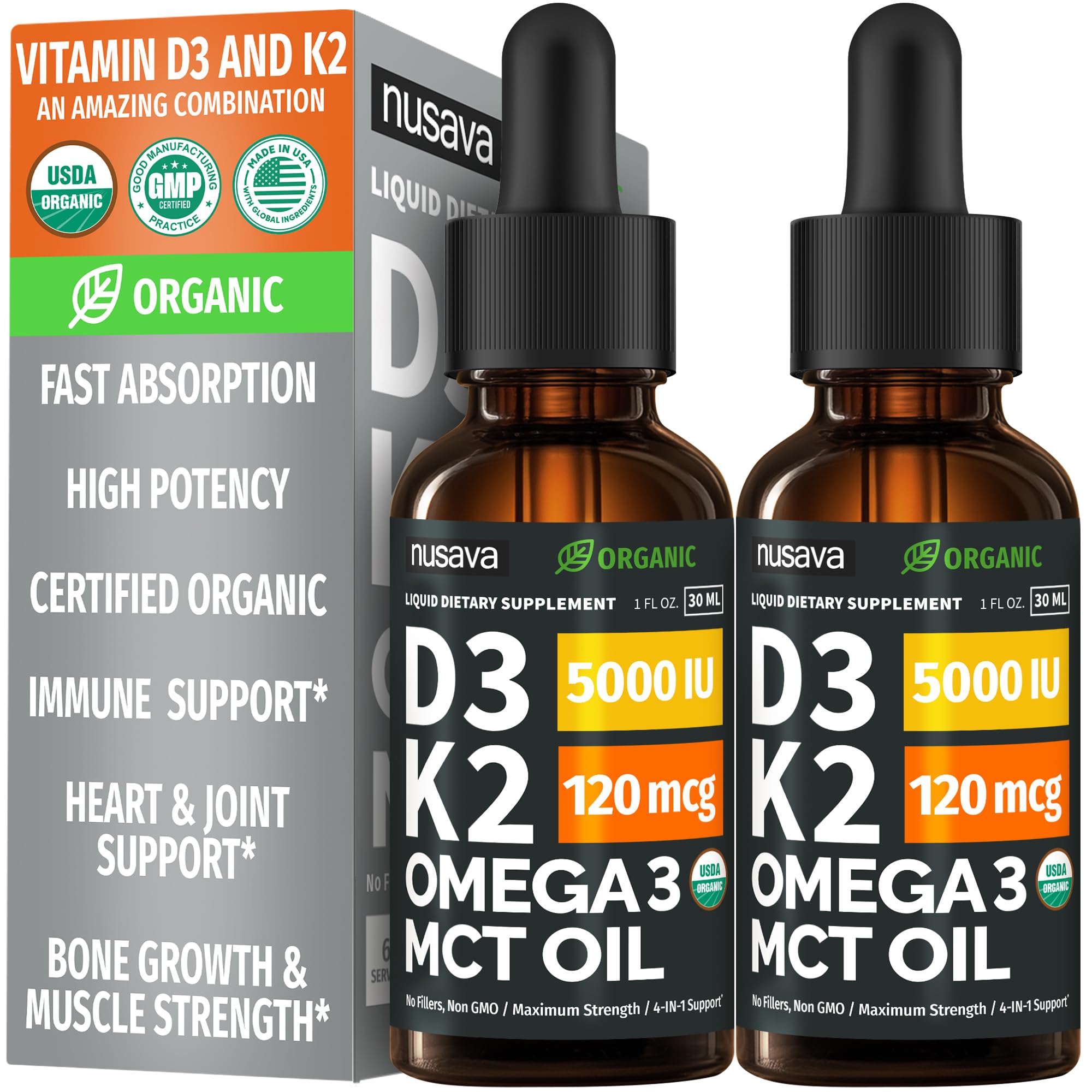 (2 Pack) Organic Vitamin D3 K2 Drops with MCT Oil Omega 3, 5000 IU, Maximum Strength Vitamin D Liquid, No Fillers, Non-GMO Liquid D3 for Faster Absorption and Immune Support (Unflavored, 2 Fl Oz) NUSAVA Au supplements