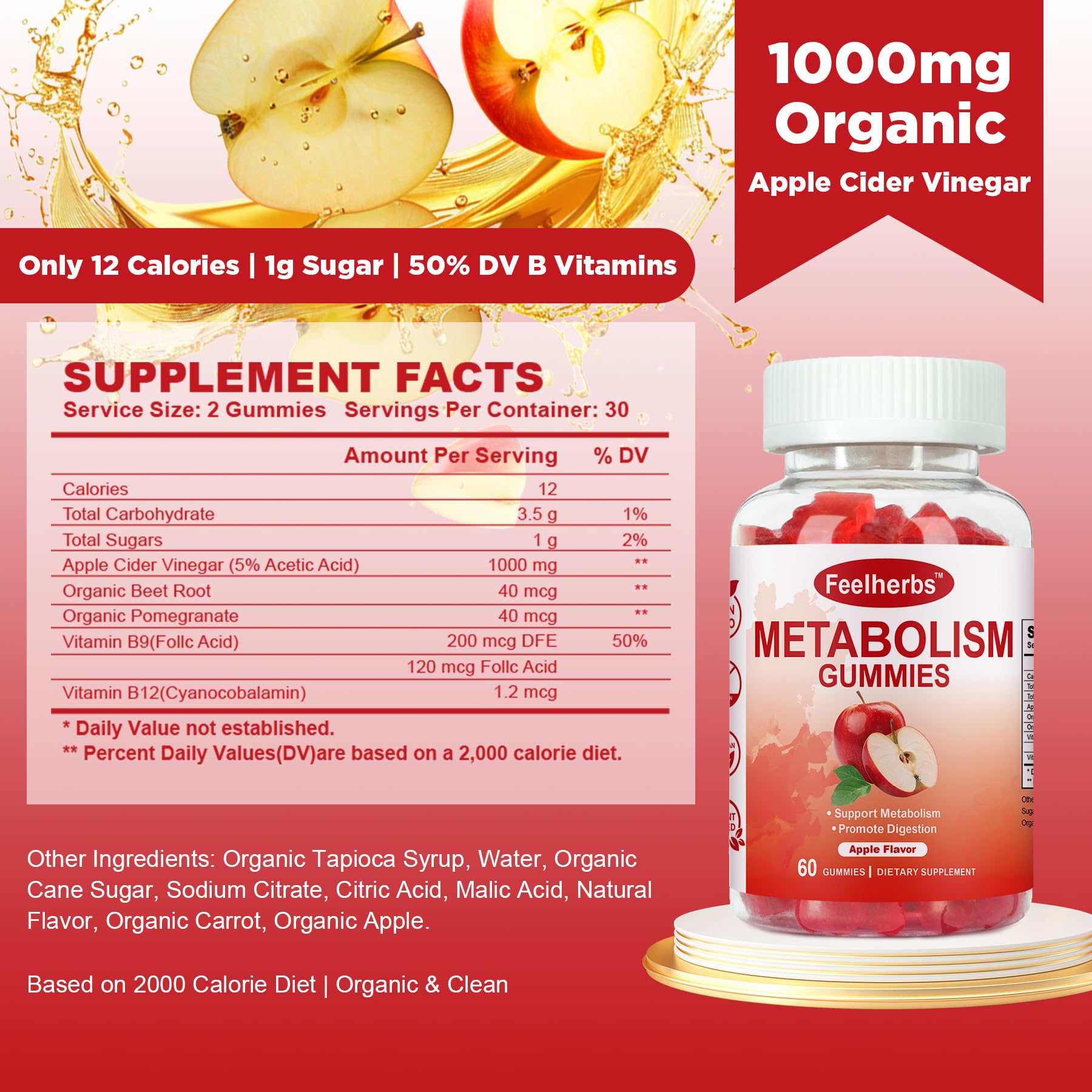 Feelherbs Metabolism Gummies for Women and Men Digestion & Energy, 60 Count Apple Cider Vinegar Gummies with Vitamin B12 & Beet Root, Chewable Keto ACV Vitamin for Metabolism & Detox Cleanse Feelherbs Au supplements