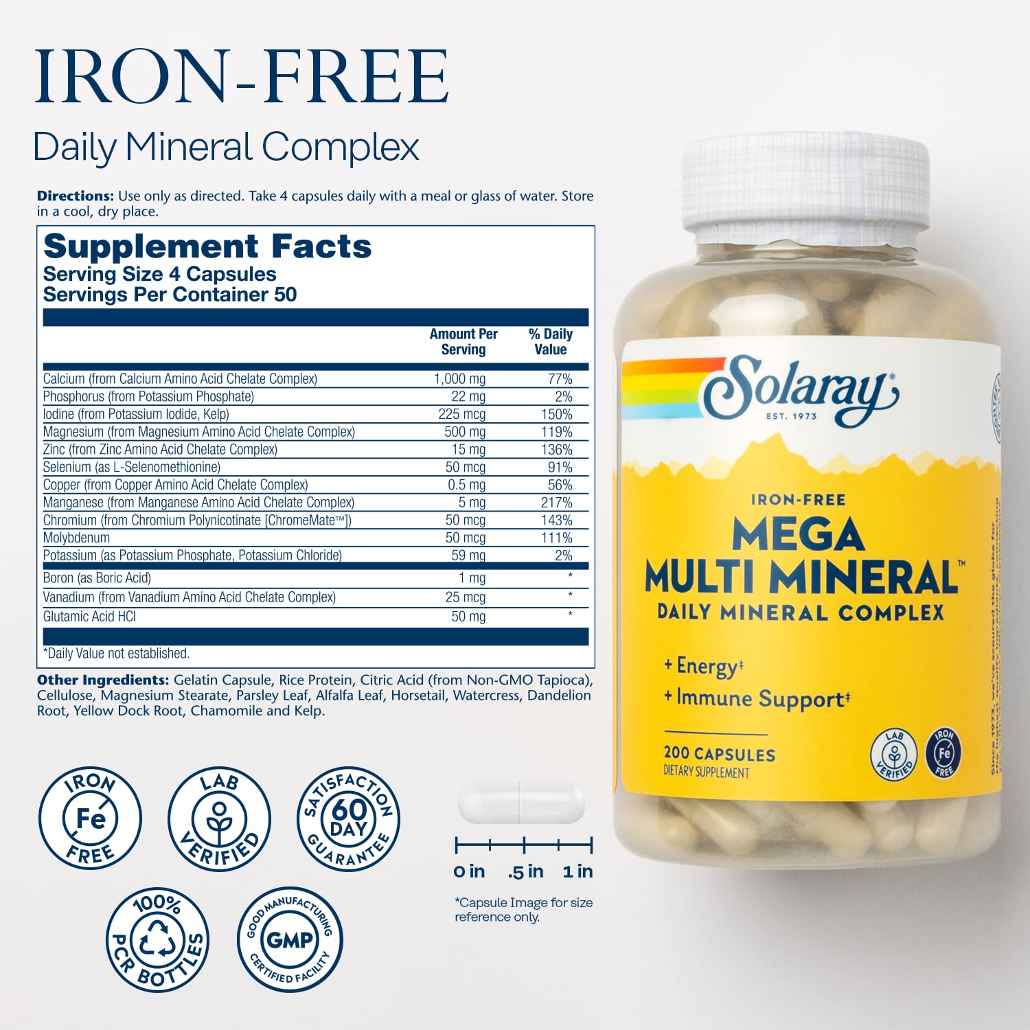 SOLARAY Mega Multi Mineral, Iron Free - Daily Mineral Supplement w/Trace Minerals, Electrolytes, Calcium, Magnesium, Zinc, Selenium, Boron -Cellular Energy, Immune Support, 60-Day Guarantee, 50 Serv SOLARAY Au supplements