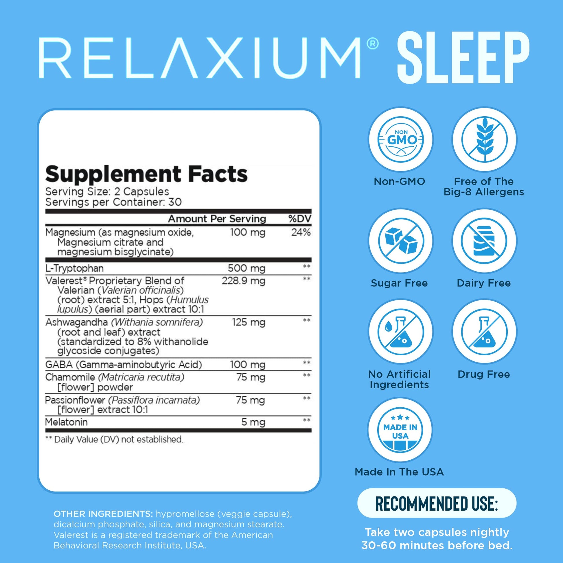 Relaxium Sleep Aid for Adults, Melatonin 5mg with Magnesium Glycinate, Sleep-Promoting Valerest & Ashwagandha, Non-Habit Forming Sleep Supplement, 60 Capsules, 30-Day Supply Relaxium Au supplements