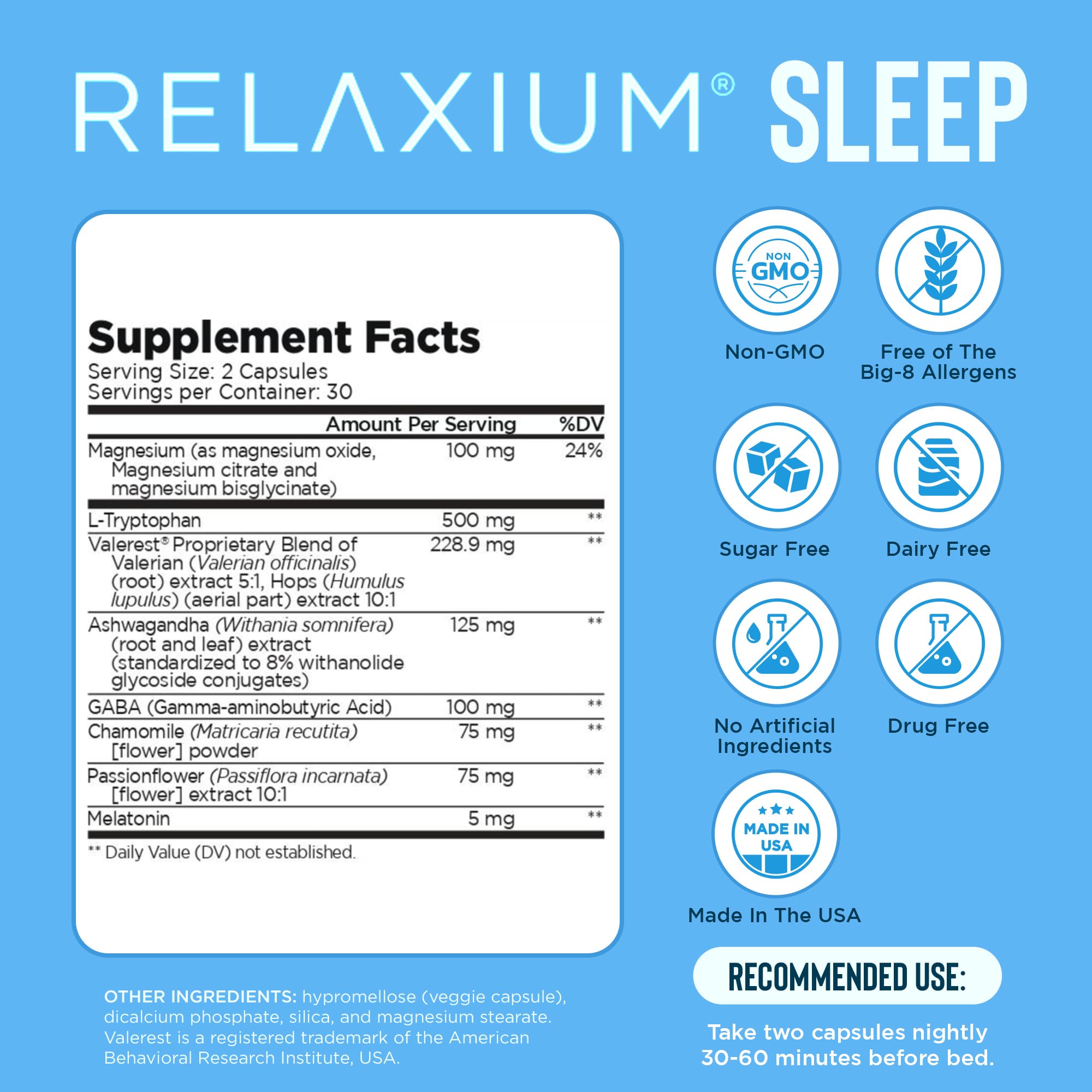 Relaxium Sleep Aid for Adults, Melatonin 5mg with Magnesium Glycinate, Sleep-Promoting Valerest & Ashwagandha, Non-Habit Forming Sleep Supplement, 60 Capsules, 30-Day Supply Relaxium Au supplements