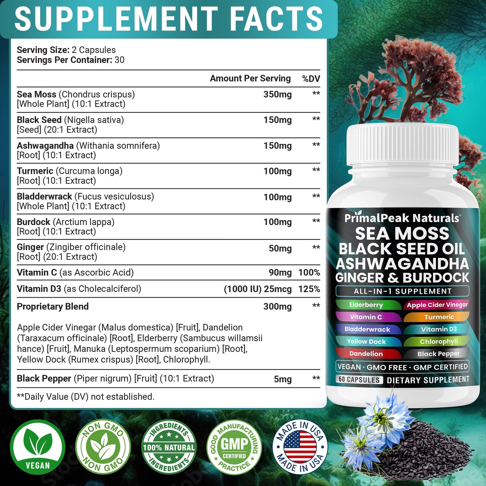 PrimalPeak Naturals Sea Moss Black Seed Oil Ashwagandha Ginger Burdock Bladderwrack Turmeric & Vitamin C Vitamin D3 with ACV Elderberry Chlorophyll Dandelion Yellow Dock Vegan Capsules - 60 Count PrimalPeak Naturals Au supplements