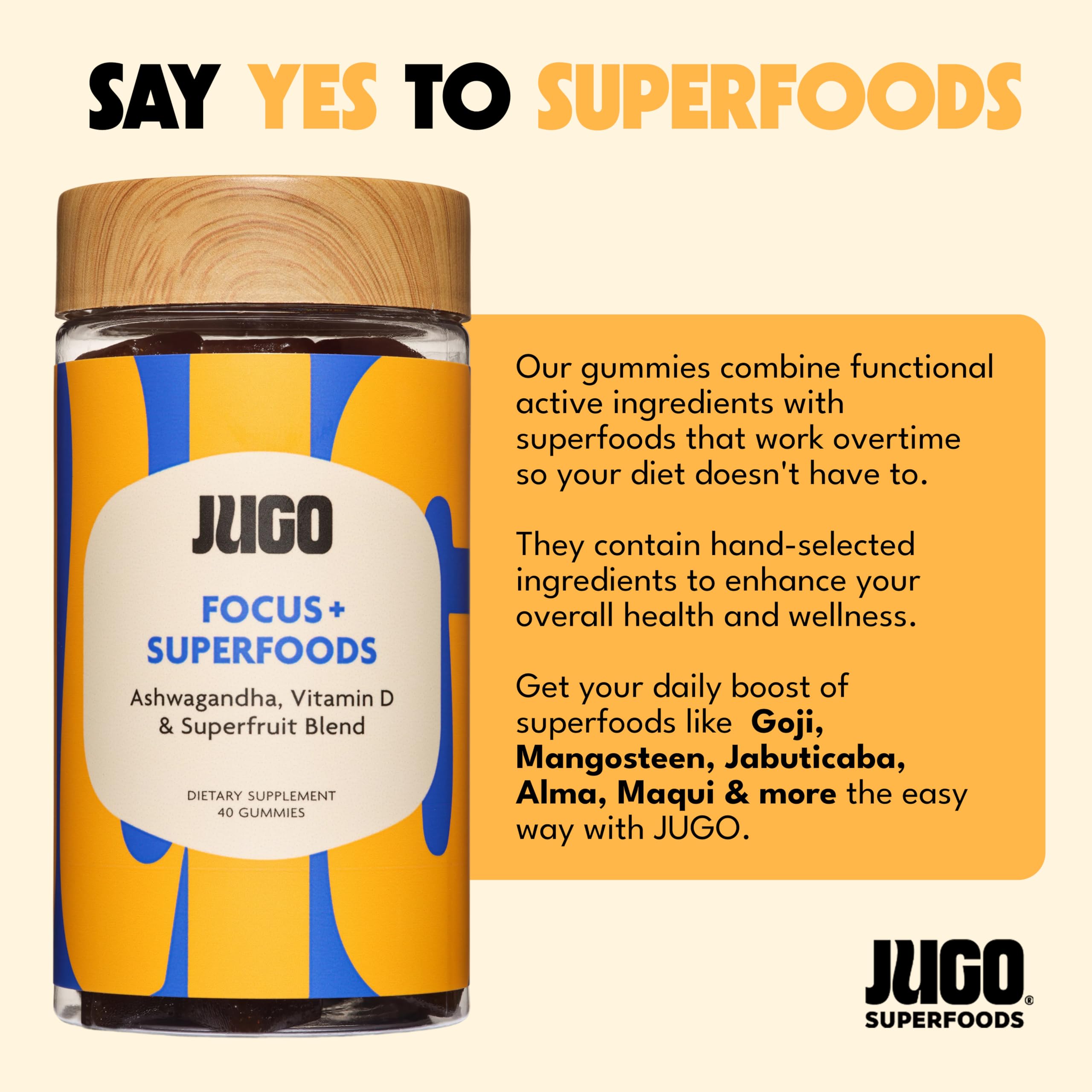 JUGO Focus + SUPERFOODS Ashwagandha Gummies with Vitamin D3 & Superfruit Blend, Vegetarian-Friendly Focus Supplement with Adaptogens, Gelatin-Free and Gluten-Free, Non-GMO, Made in USA, 40 Coun JUGO LLC Au supplements