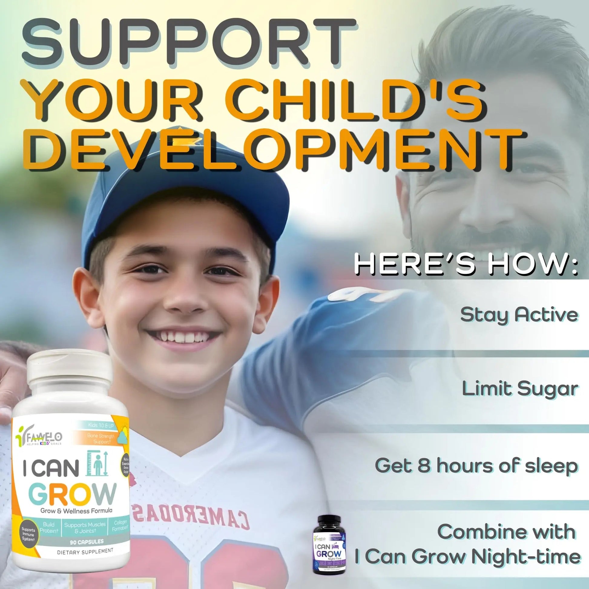 Fawelo I Can Grow Day-Time for Kids 10+ & Teens | Growth & Development Support with L-Arginine, Colostrum, Calcium, D3, Magnesium, Zinc | Fawelo Au supplements