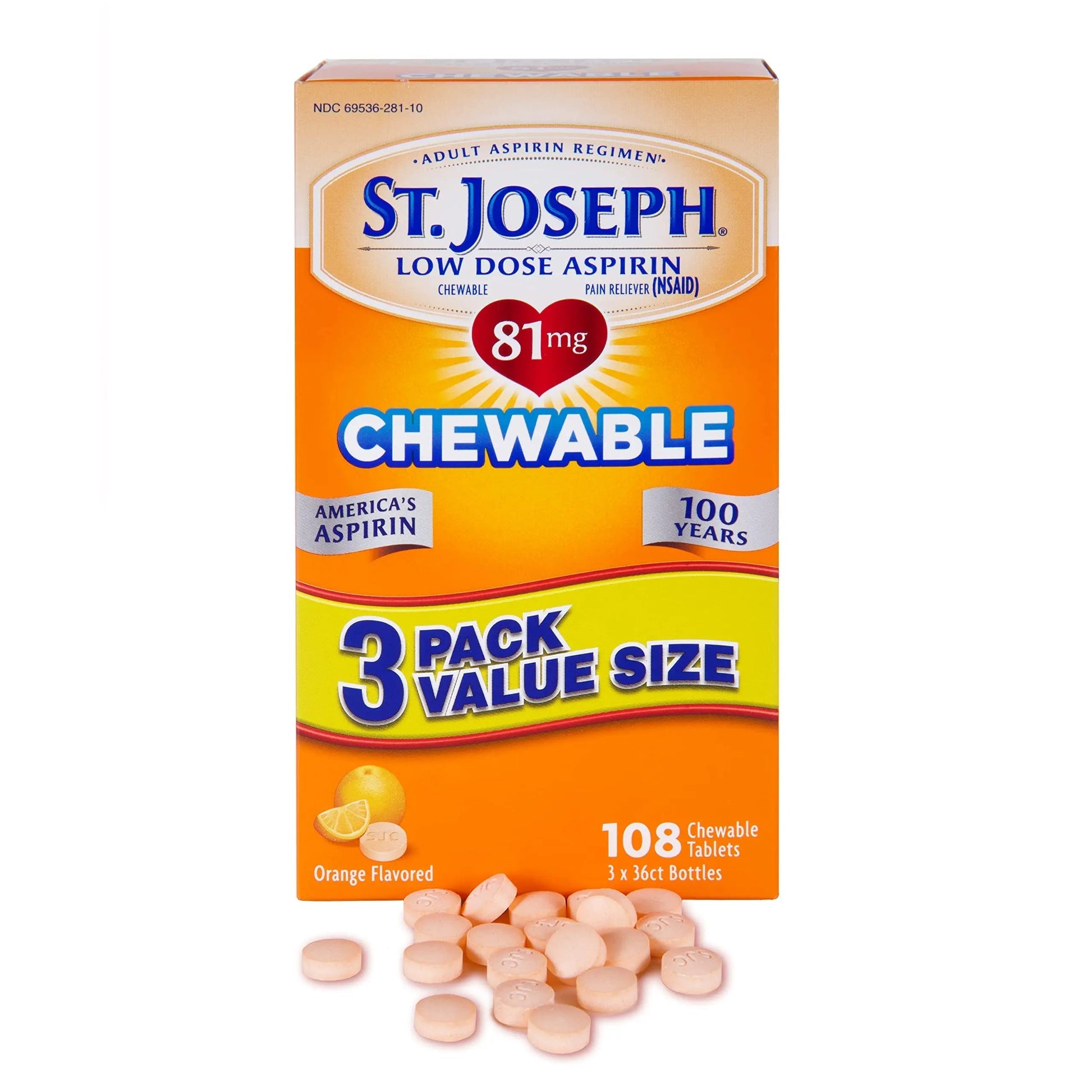 St. Joseph Aspirin Pain Reliever (NSAID) 81mg, Chewable Orange Tablets Adult Low Dose Regimen , 108 ct (3 x 36 ct Tablets per Bottle) St. Joseph Au supplements