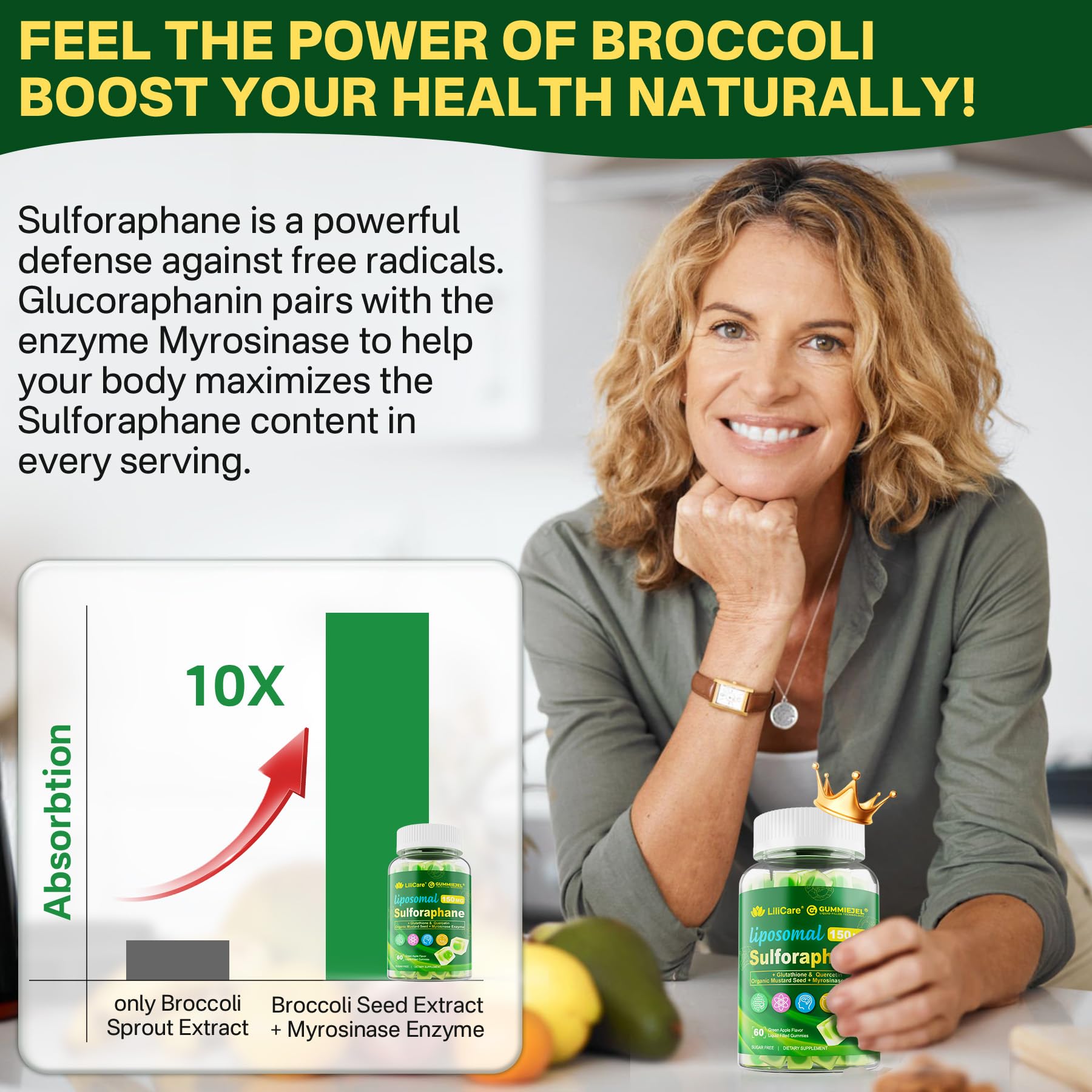 Liposomal Sulforaphane Supplement 150mg, from Broccoli Seed Extract w/Myrosinase, Quercetin, Glutathione, Sulforaphane Supplement Gummies for Antioxidants Detox Cellular Brain Health, Chewable 60Cts LILICARE Au supplements